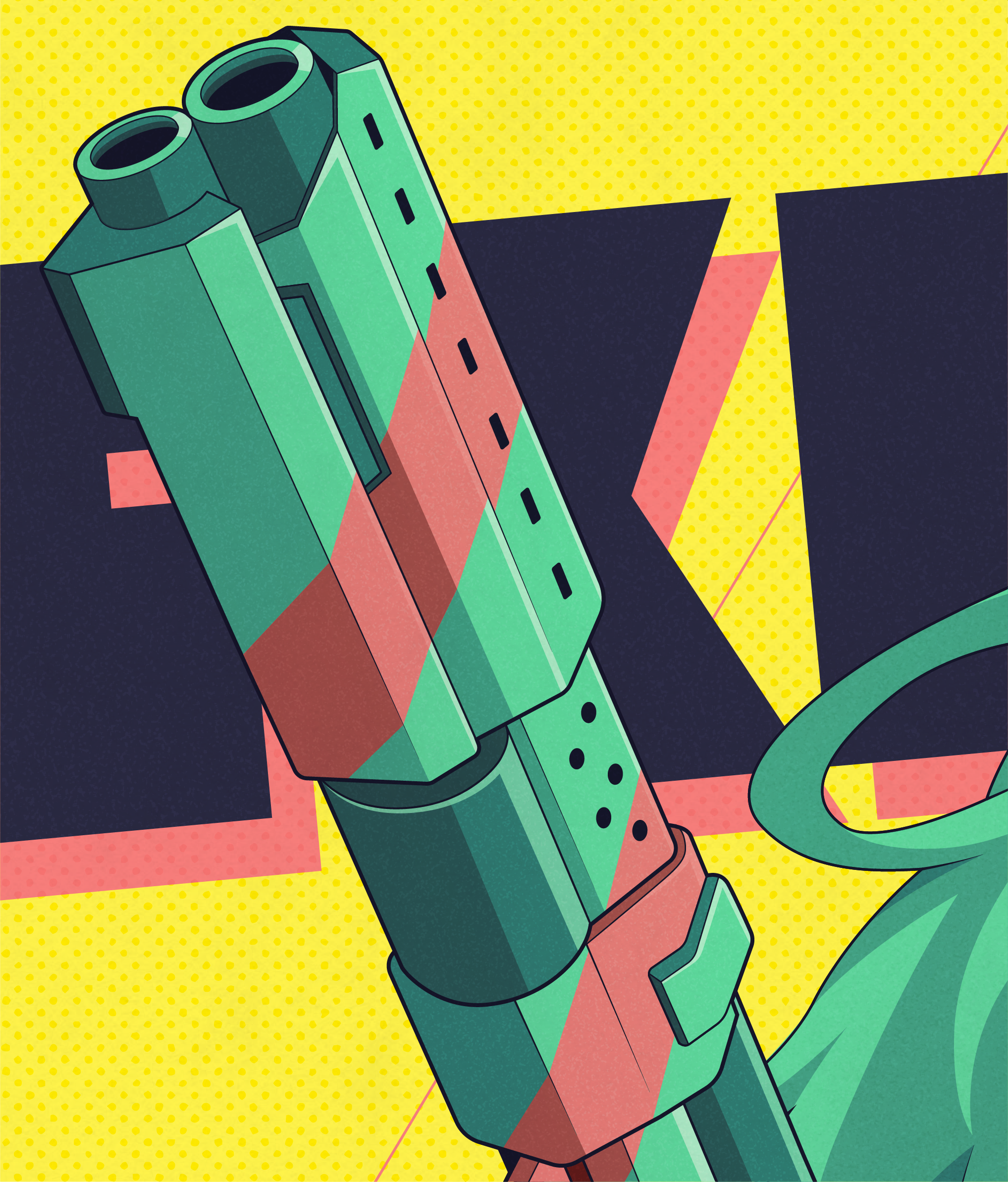 Detailed close-up of Rebecca's large green and pink shotgun from Cyberpunk: Edgerunners, shown against a bright yellow and dark blue graphic background.