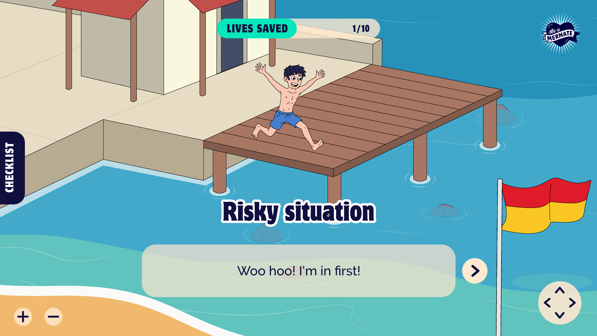 Interactive water safety game combining custom illustration, environmental design and educational storytelling to help students identify hazards through exploration and play.