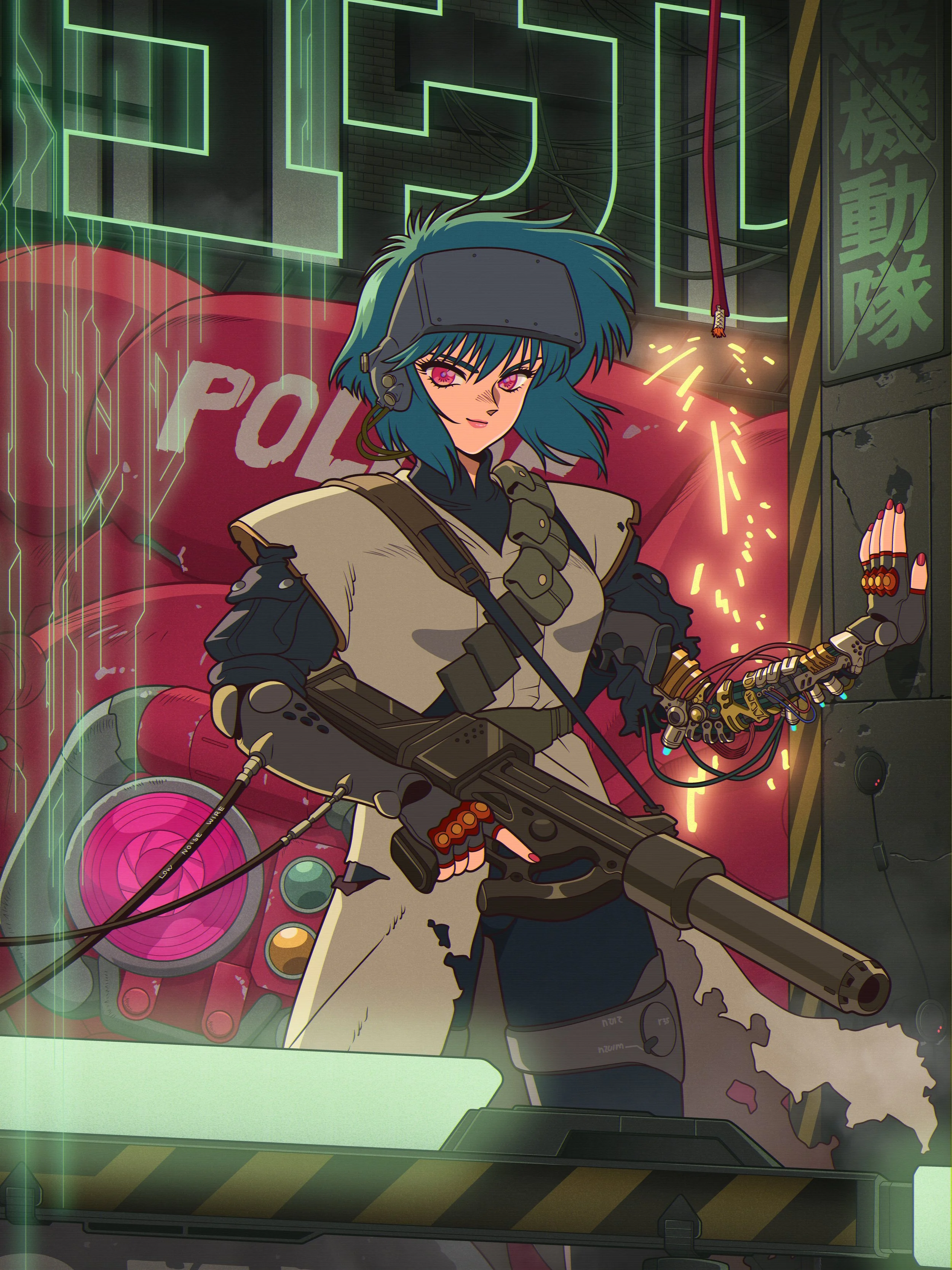 Major Motoko Kusanagi stands in a neon-lit cyberpunk environment holding a rifle while sparks fall from her exposed mechanical arm.