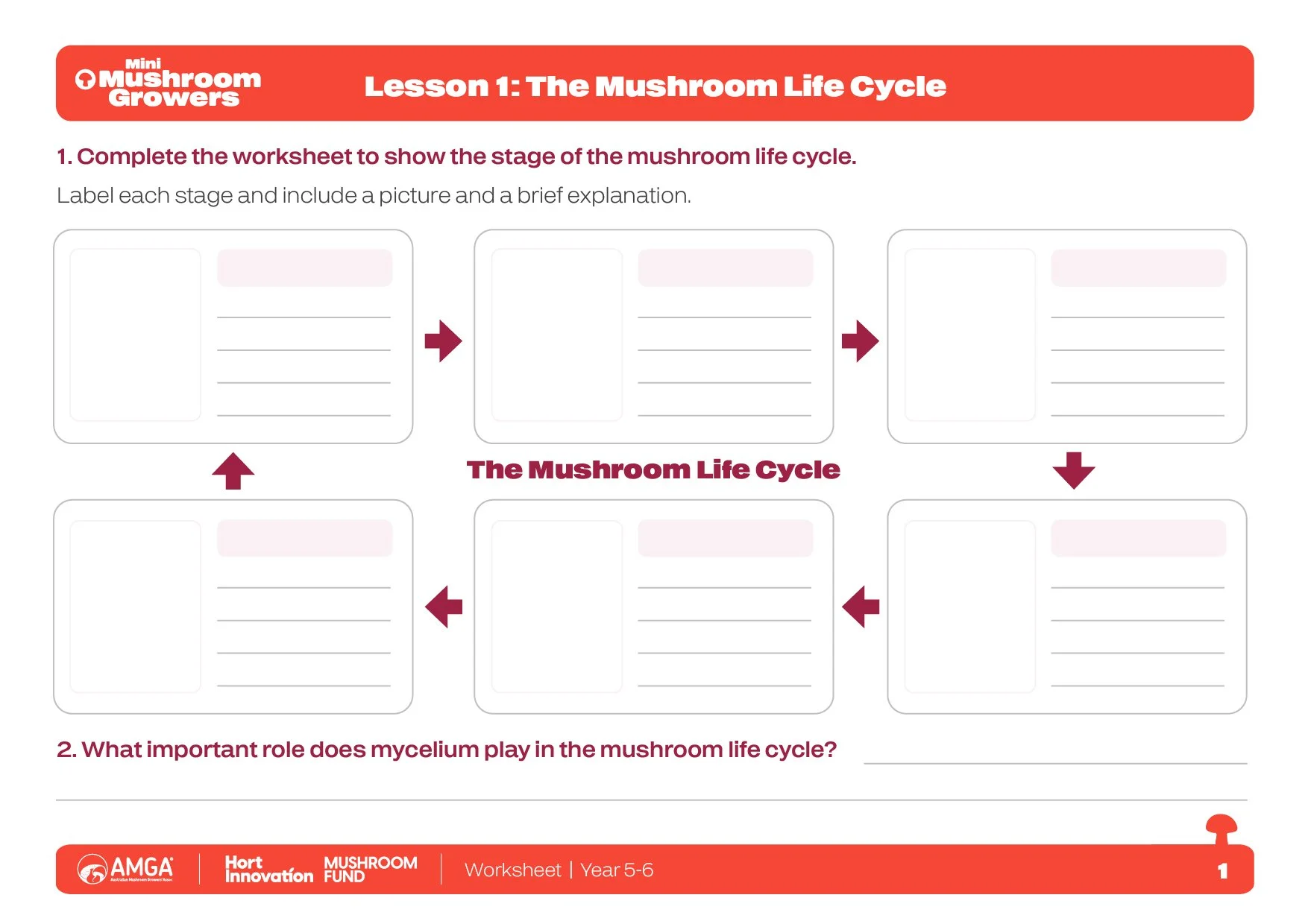 Teacher resources, printable worksheets and classroom activities designed to reinforce key learning outcomes while maintaining a consistent visual identity across the Mini Mushroom Growers program.