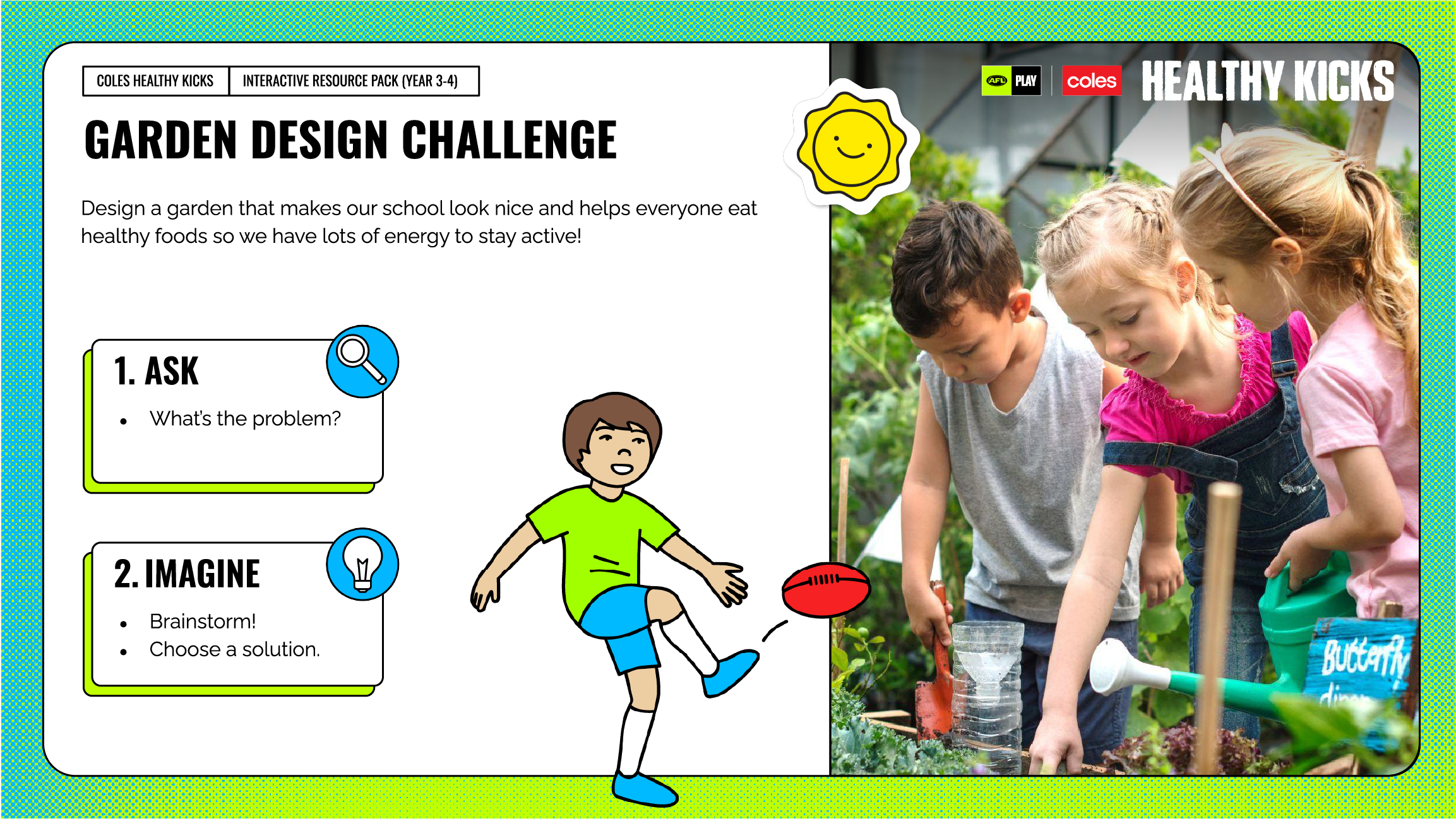 Illustrated fitness cards and classroom resources showing stretching, movement and wellbeing activities through clear step-by-step instructions and student-friendly character illustrations.