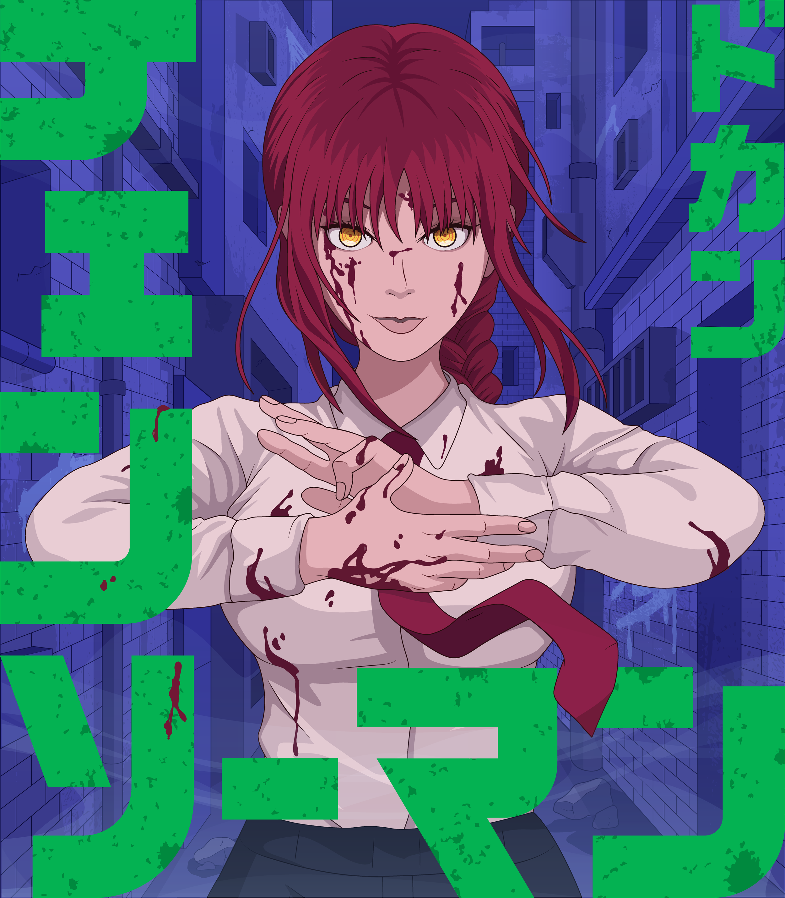 Makima stands with her fingers interlaced, wearing a blood-stained white shirt against a deep blue and violet urban background.