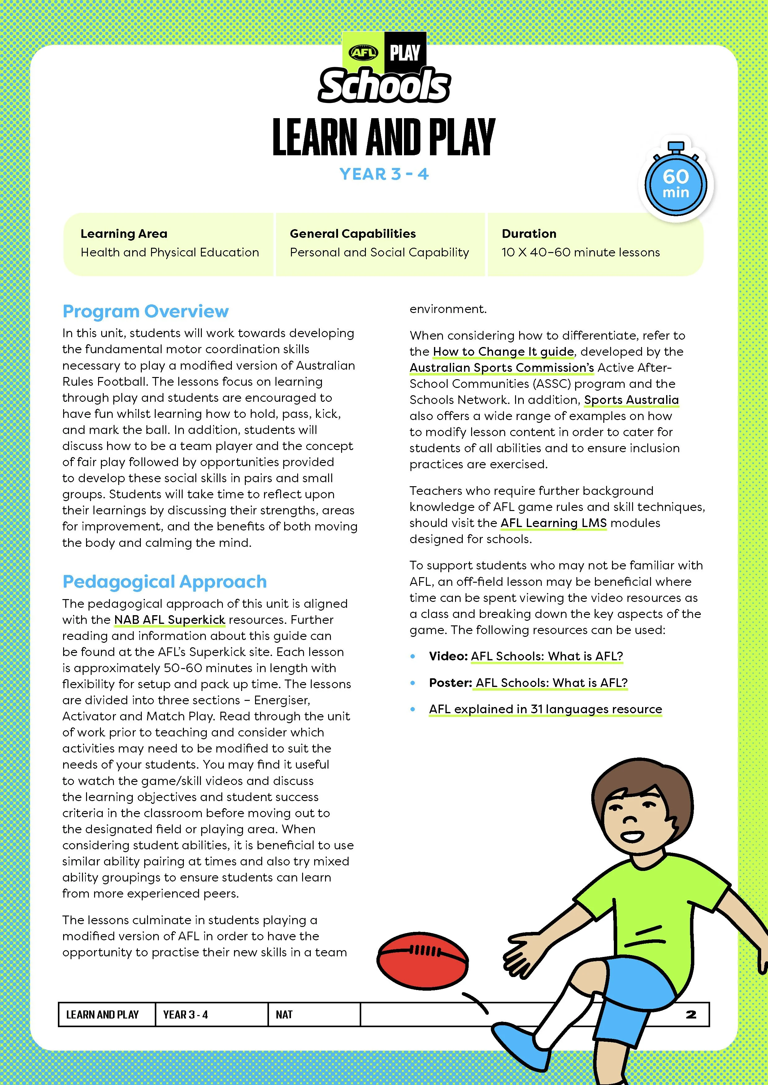 Curriculum-aligned teacher guides, student worksheets and instructional diagrams introducing Australian Rules Football skills, drills and gameplay concepts to Foundation–Year 6 students.