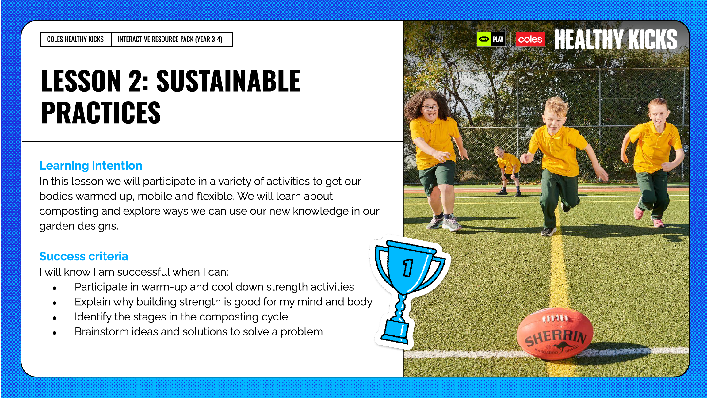 Illustrated fitness cards and classroom resources showing stretching, movement and wellbeing activities through clear step-by-step instructions and student-friendly character illustrations.