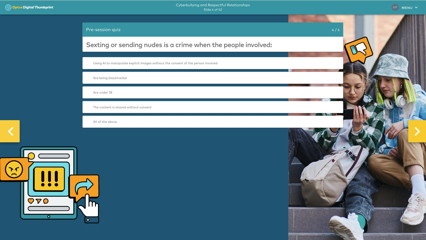 Self-paced digital learning module helping students explore online safety through interactive educational content and custom visual design.