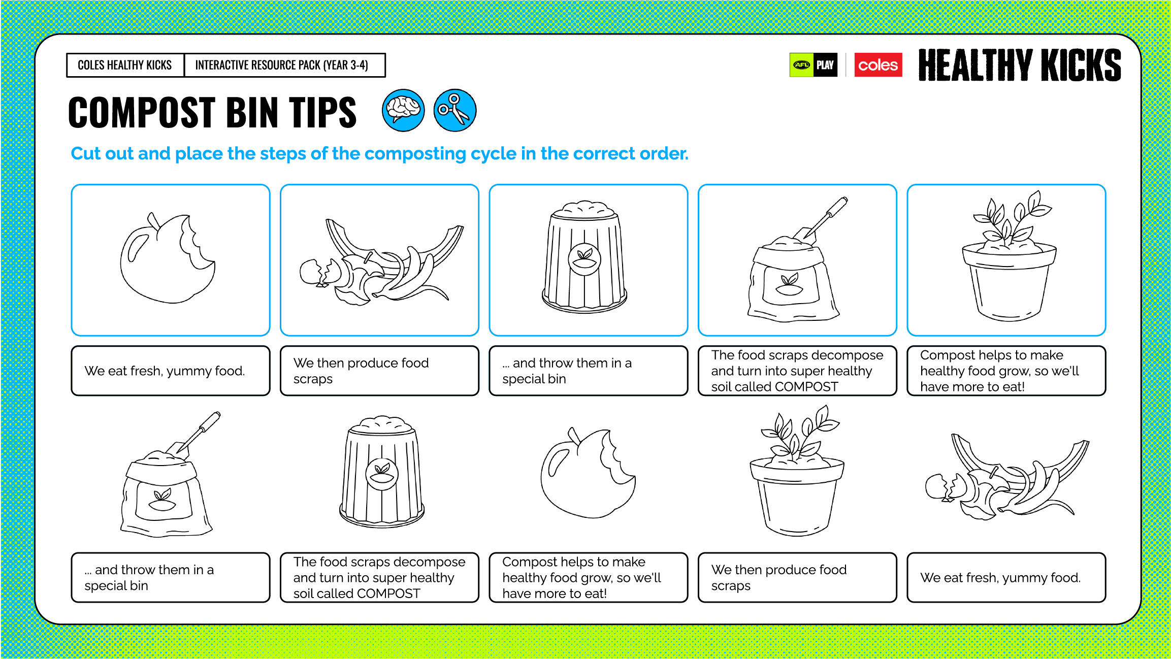 Illustrated fitness cards and classroom resources showing stretching, movement and wellbeing activities through clear step-by-step instructions and student-friendly character illustrations.