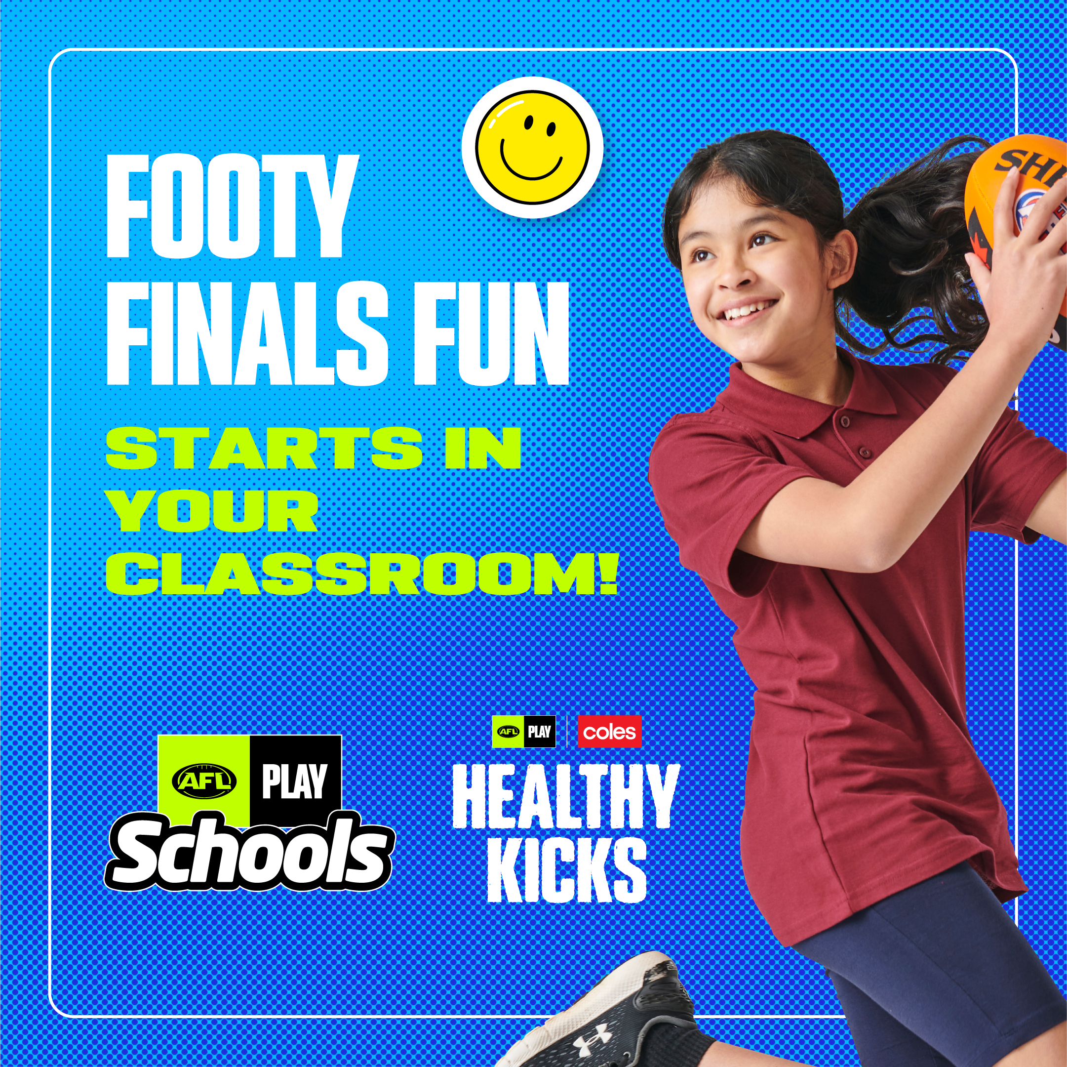 Marketing assets created to promote AFL Play Schools virtual classroom sessions, using engaging visuals and clear messaging to encourage participation from schools and educators.
