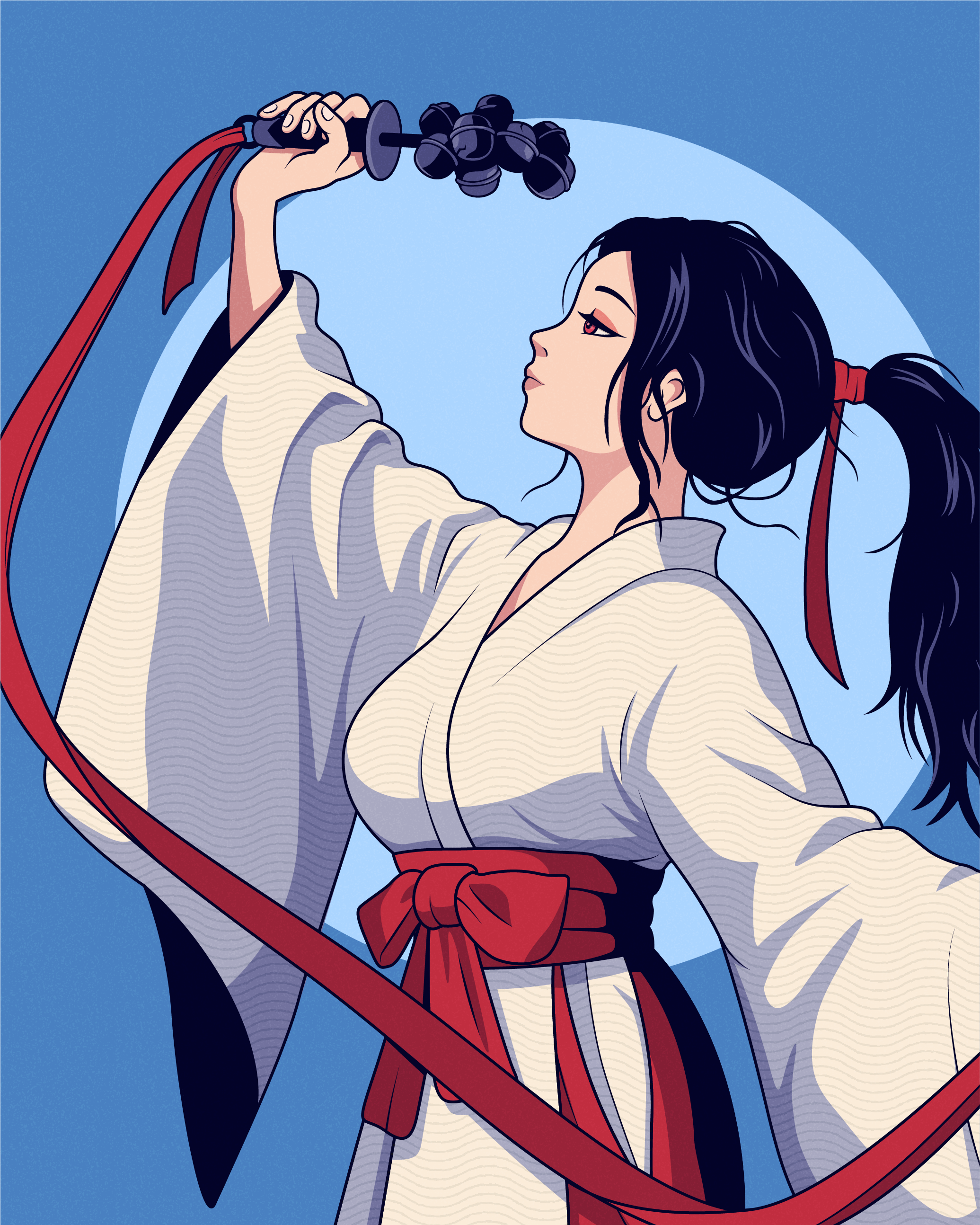 A shrine maiden in flowing white and red robes raises ceremonial bells as a long red ribbon curves across a pale blue background.