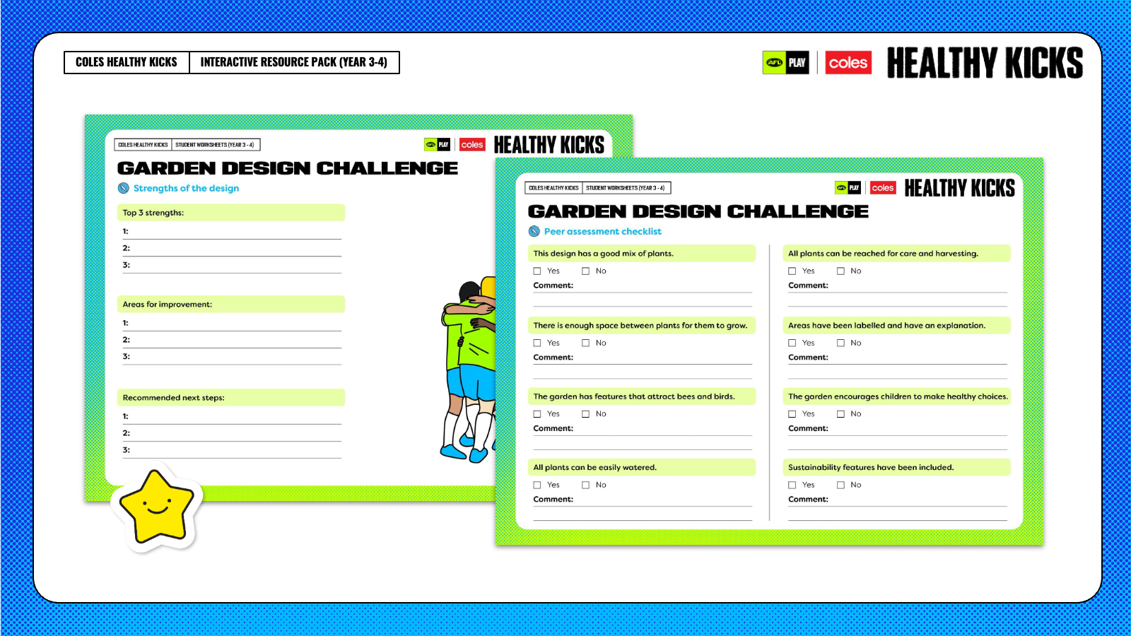 Illustrated fitness cards and classroom resources showing stretching, movement and wellbeing activities through clear step-by-step instructions and student-friendly character illustrations.
