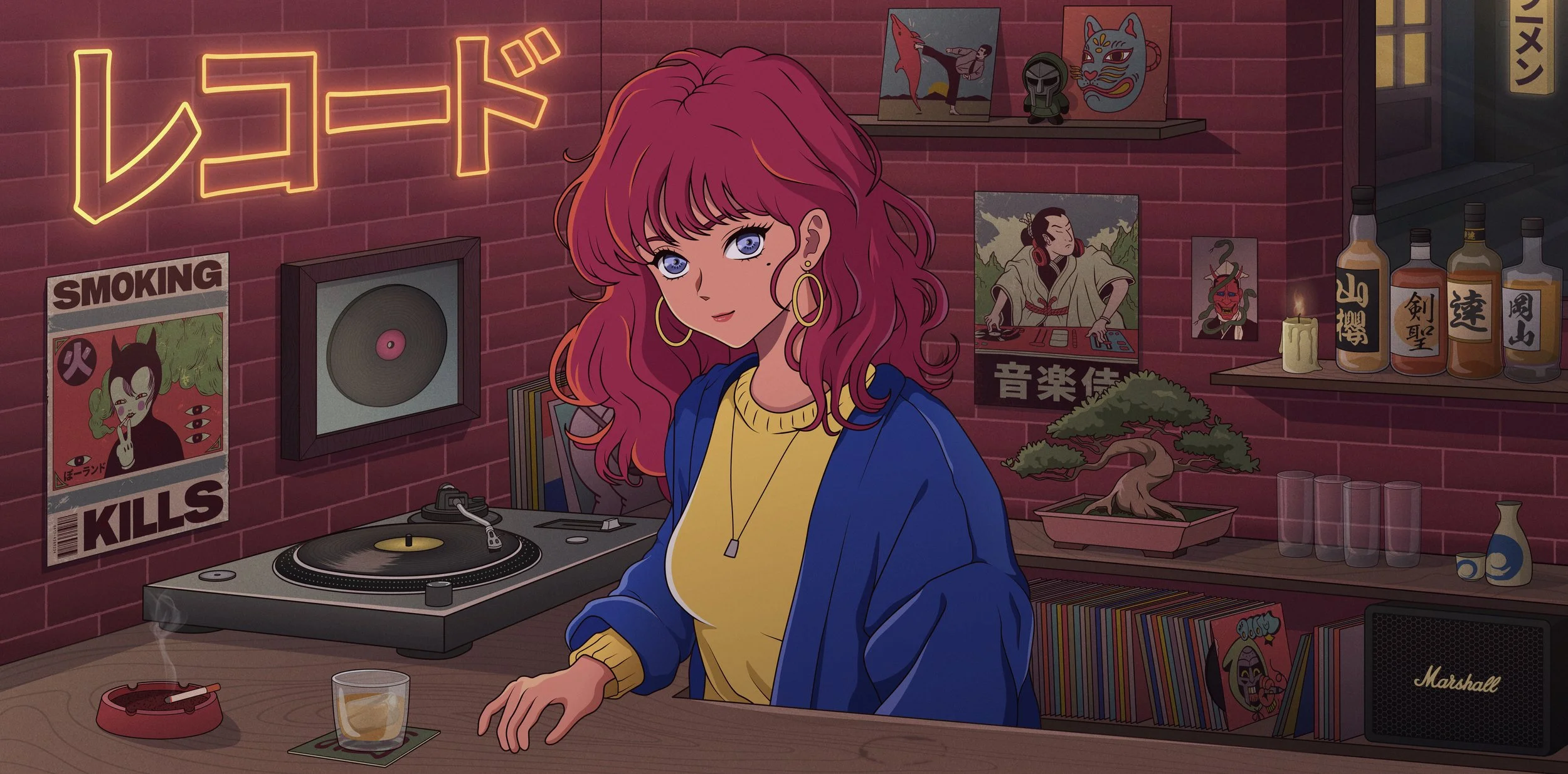 A red-haired woman sits beside a turntable in a warmly lit Japanese record bar surrounded by vinyl, posters, drinks and carefully arranged objects.