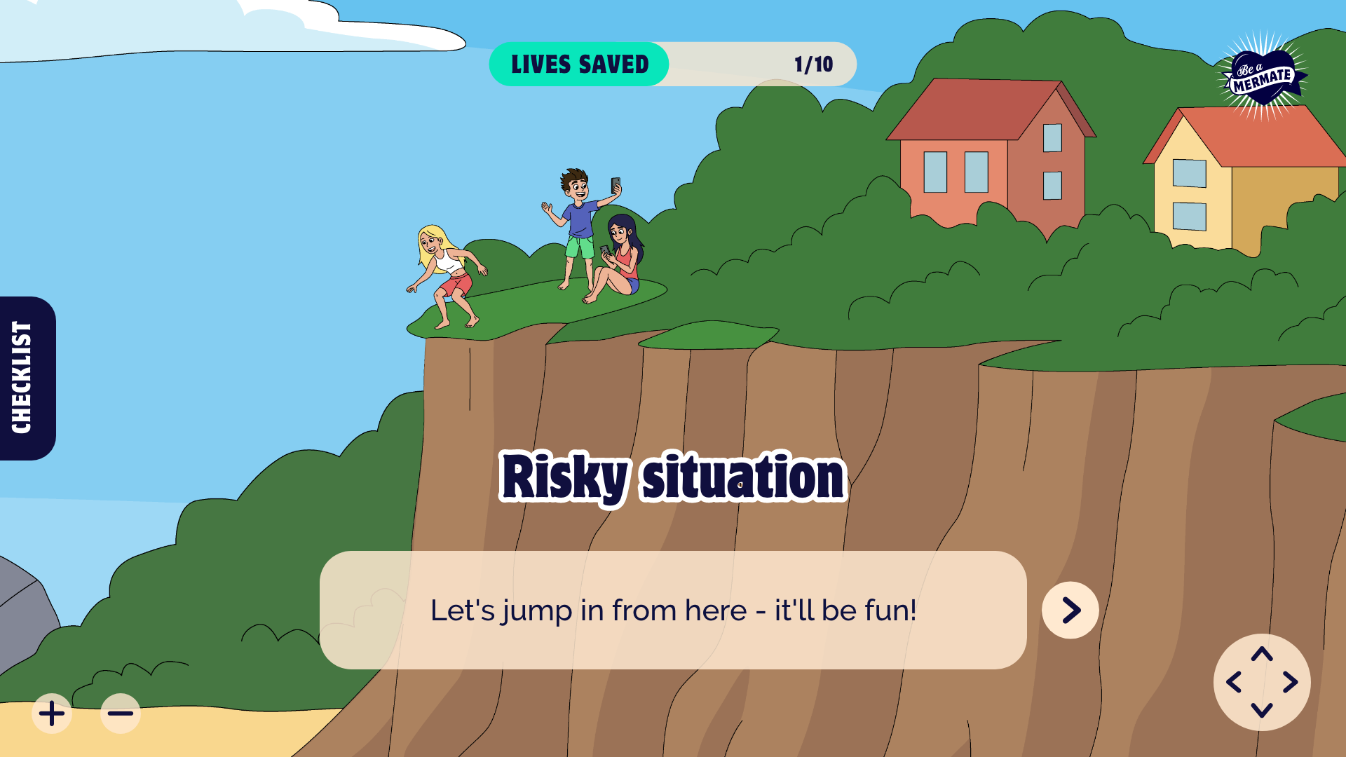Interactive water safety game combining custom illustration, environmental design and educational storytelling to help students identify hazards through exploration and play.