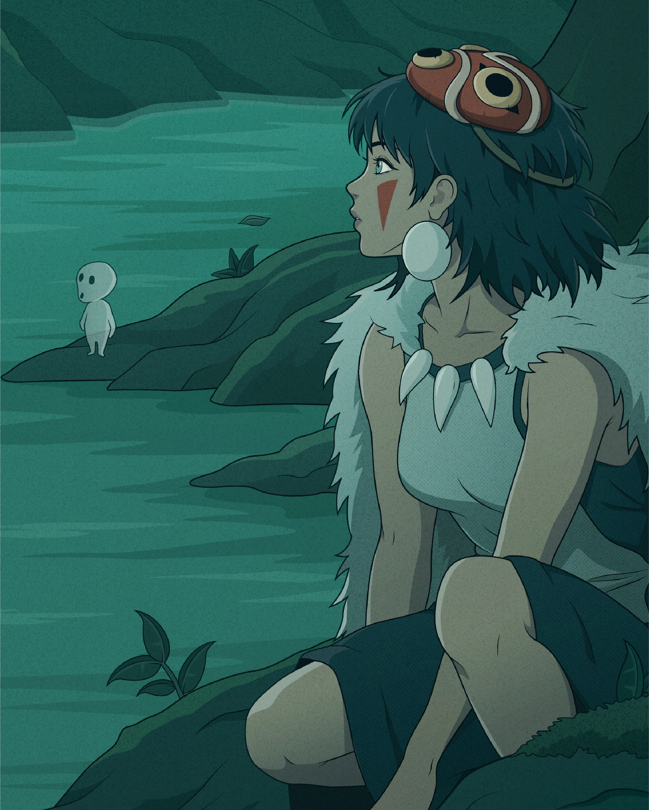 Close-up illustration of San sitting beside the forest stream, wearing her wolf fur cloak and traditional face markings.