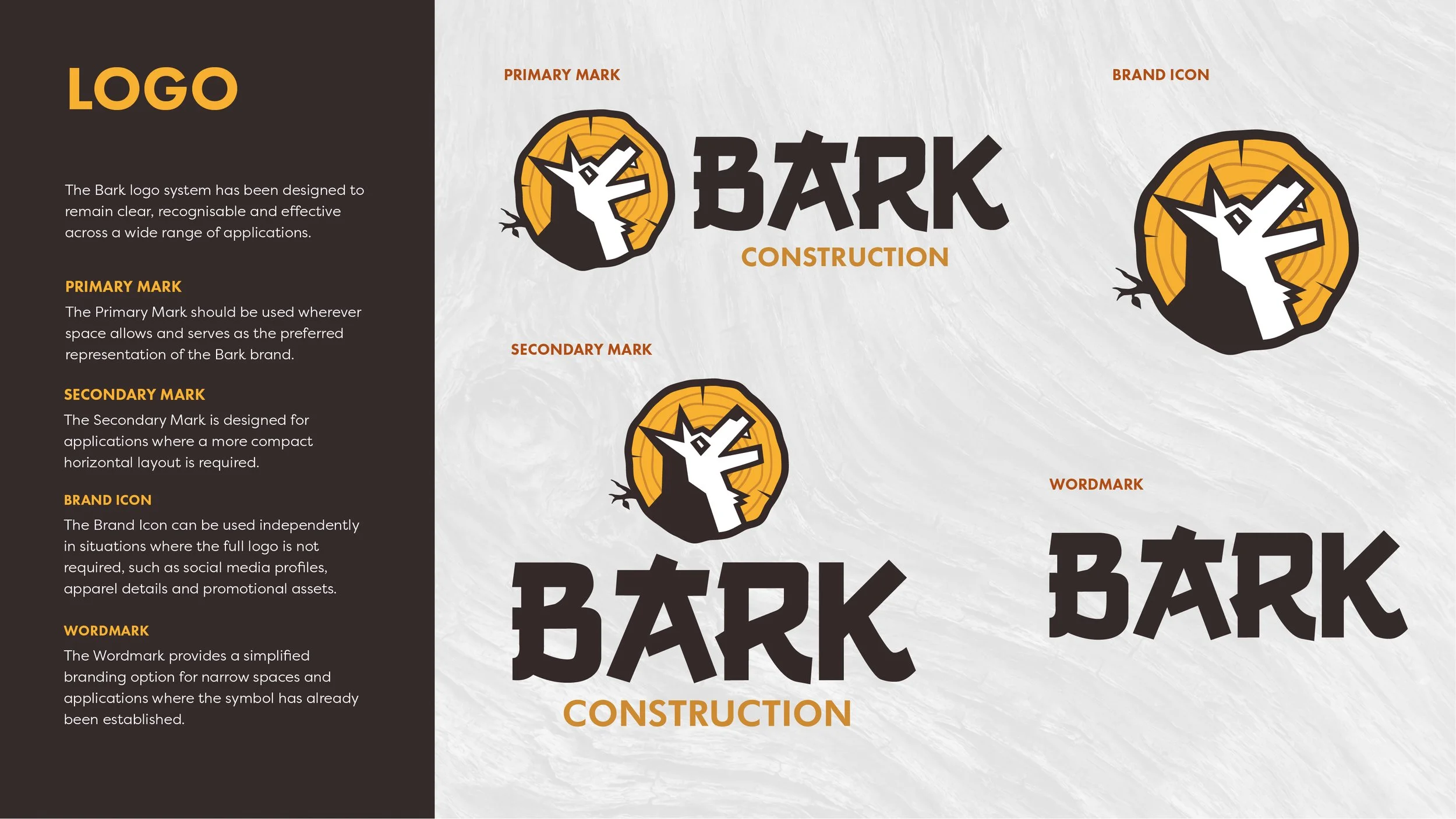 Comprehensive brand guidelines developed for Bark Construction, defining logo usage, typography, colour palette, brand hierarchy and visual standards to ensure consistency across digital and printed applications.