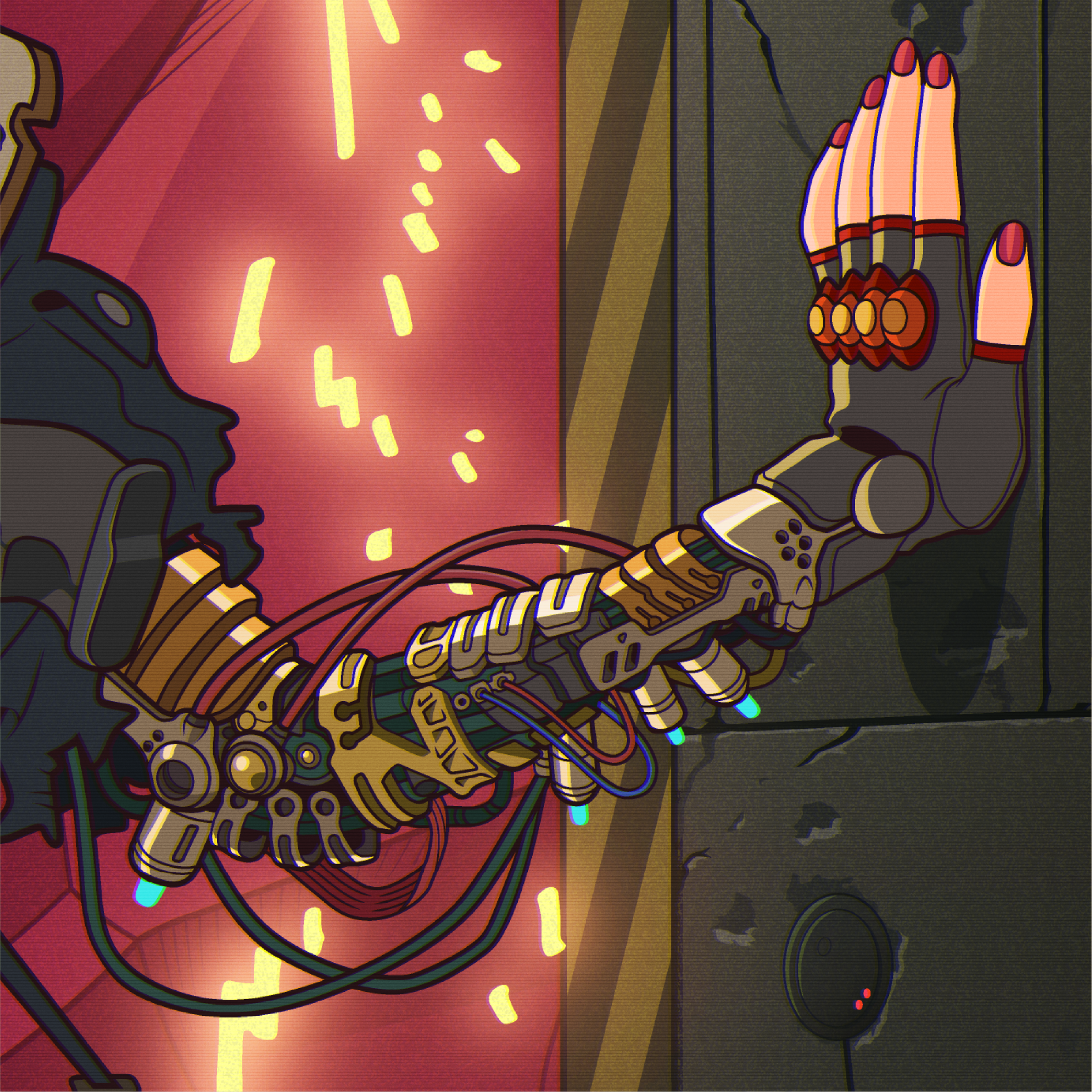 Close-up of Motoko’s exposed mechanical forearm, showing articulated metal components, wiring and sparks against the neon background.