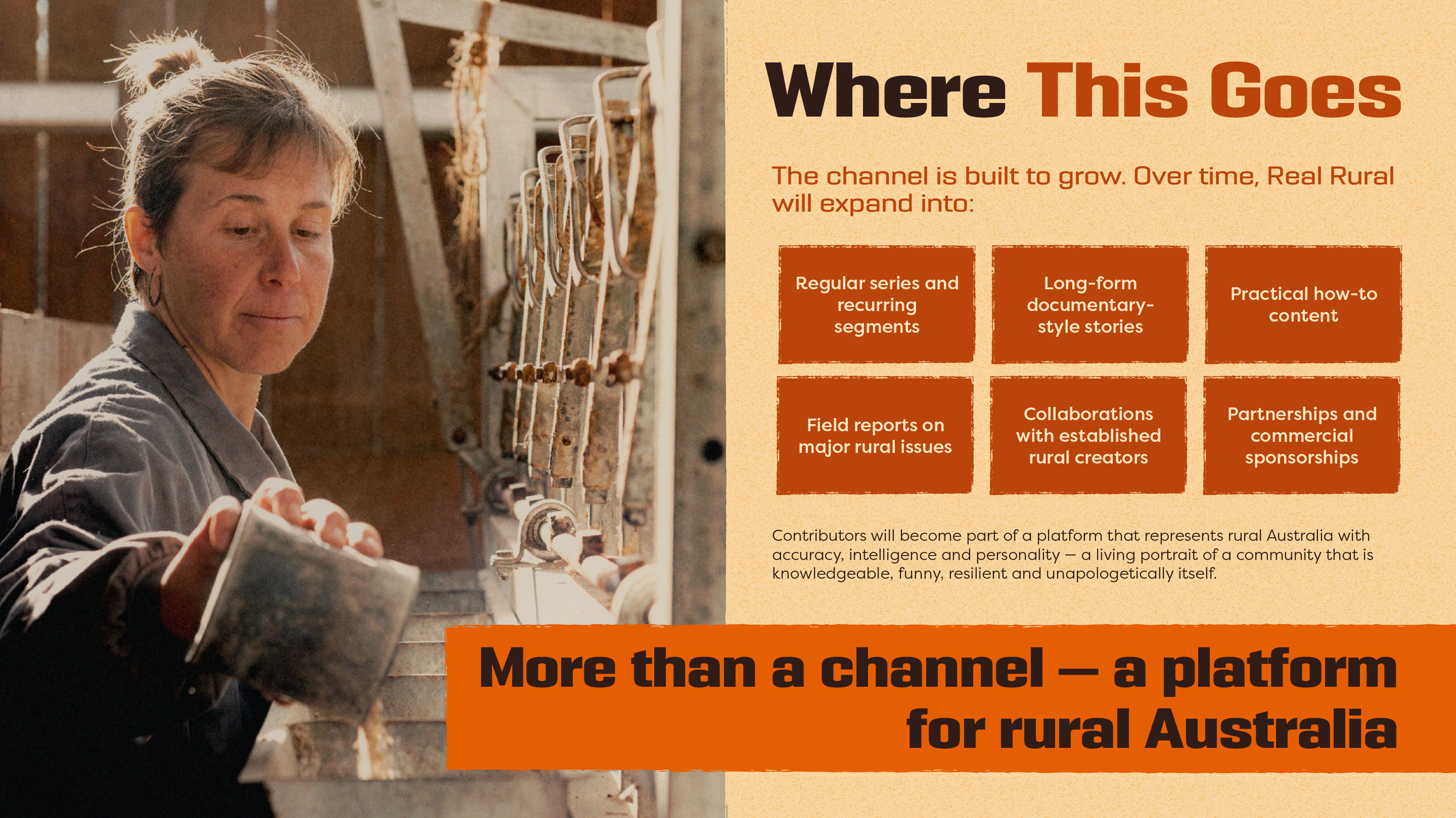 Branded presentation layouts combining photography, typography, infographics and editorial design to communicate the Real Rural vision through a clear and engaging visual narrative.