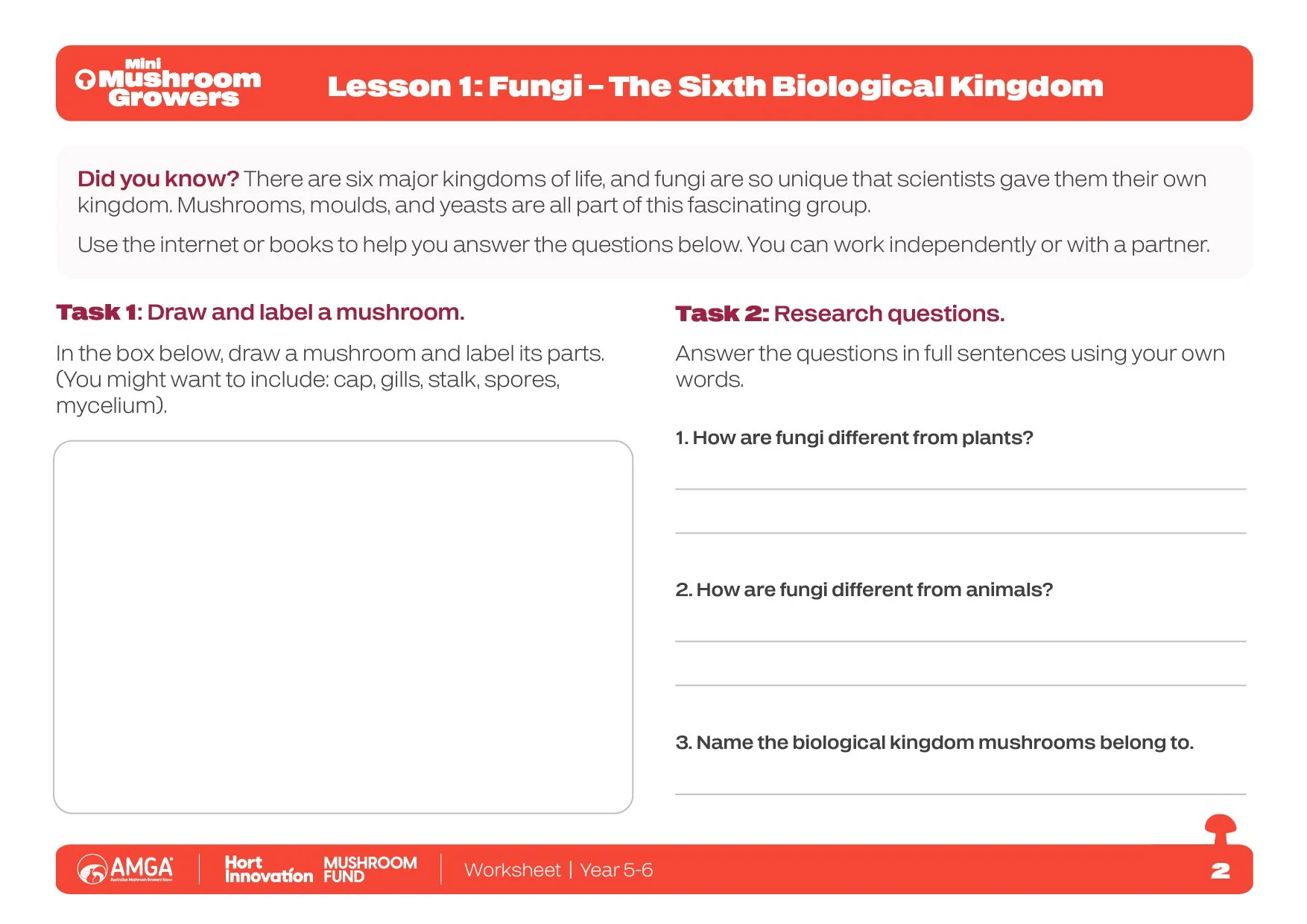 Teacher resources, printable worksheets and classroom activities designed to reinforce key learning outcomes while maintaining a consistent visual identity across the Mini Mushroom Growers program.