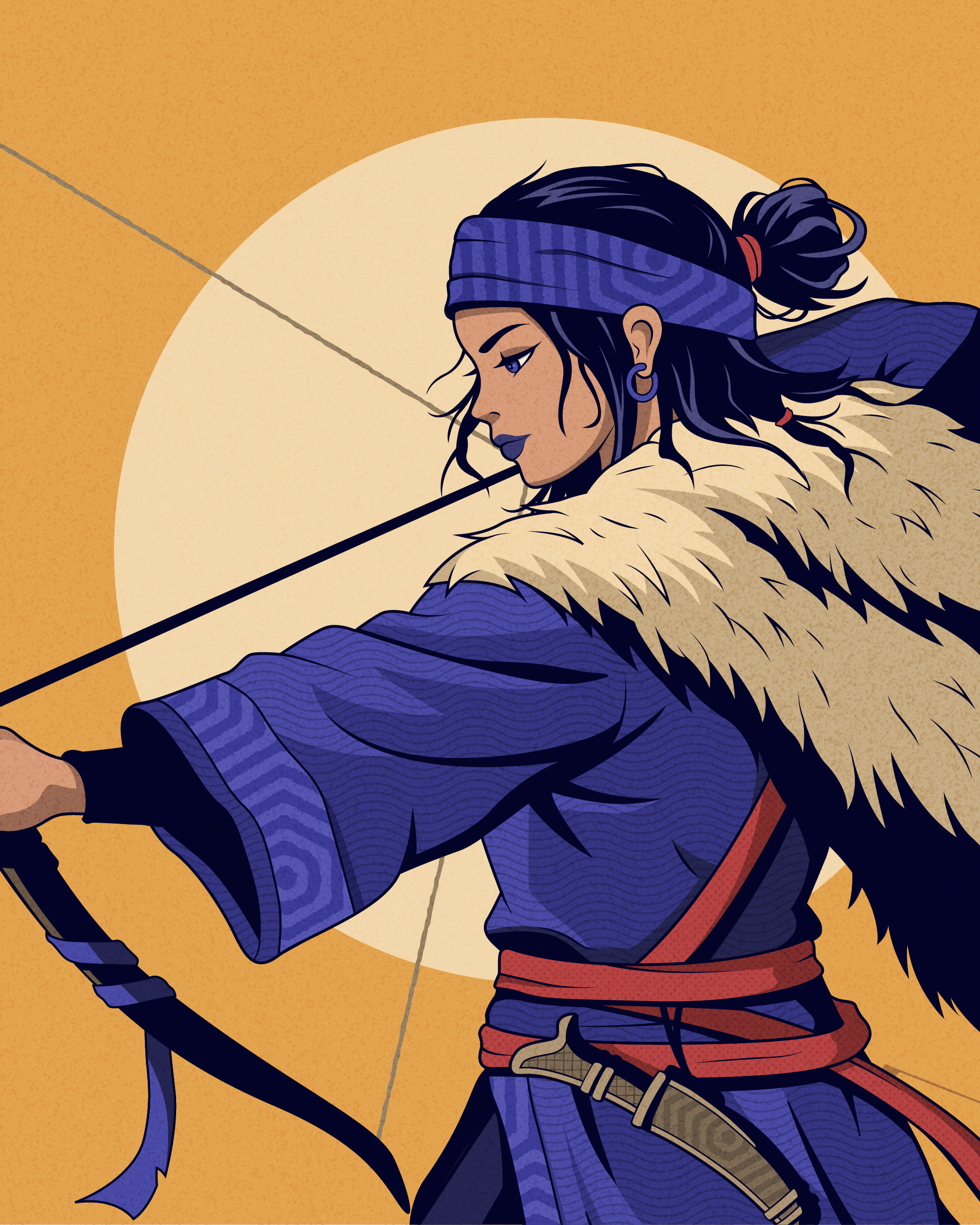 An Ainu hunter wearing blue clothing and a fur mantle draws her bow against a warm ochre circular background.
