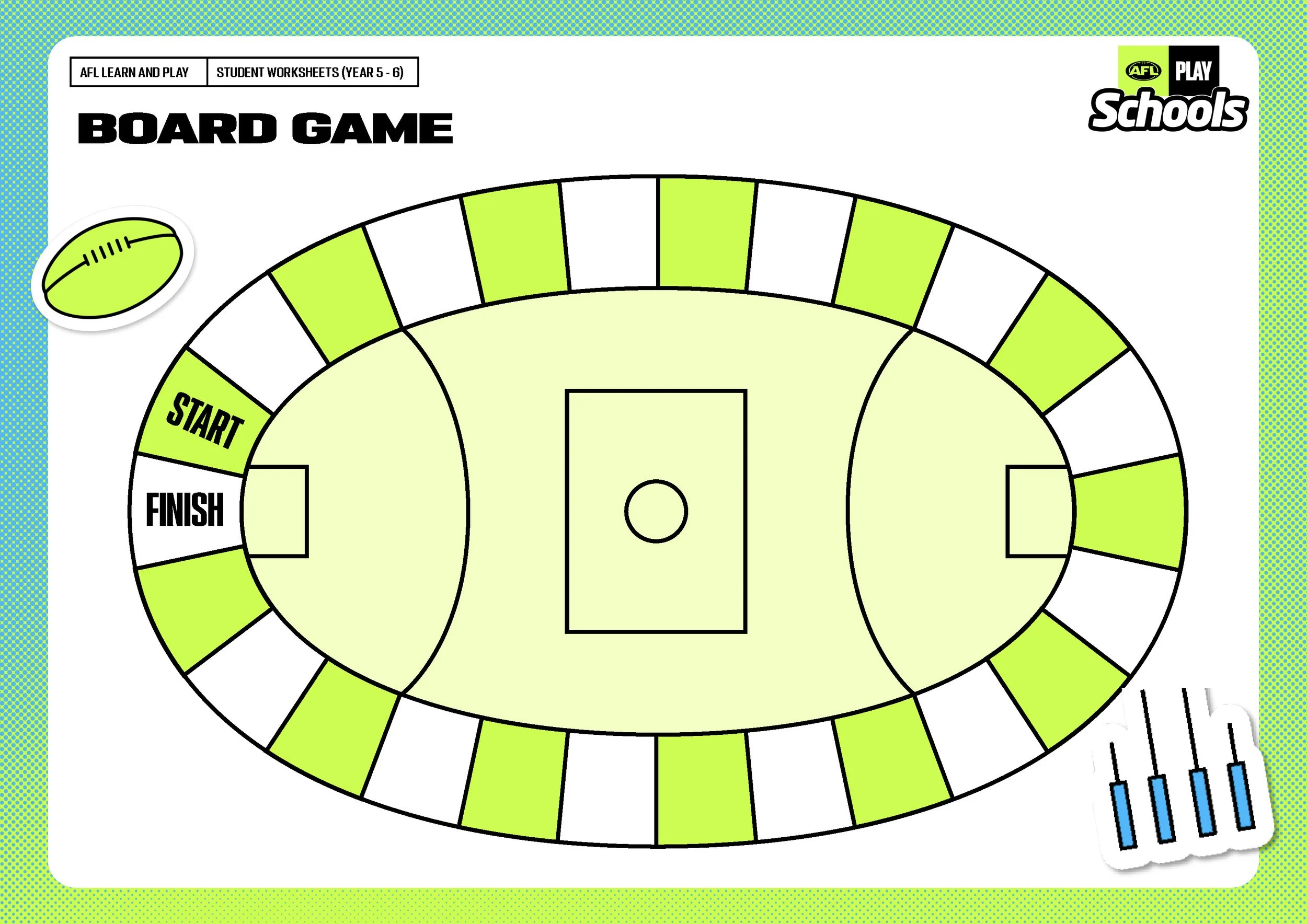 Curriculum-aligned teacher guides, student worksheets and instructional diagrams introducing Australian Rules Football skills, drills and gameplay concepts to Foundation–Year 6 students.