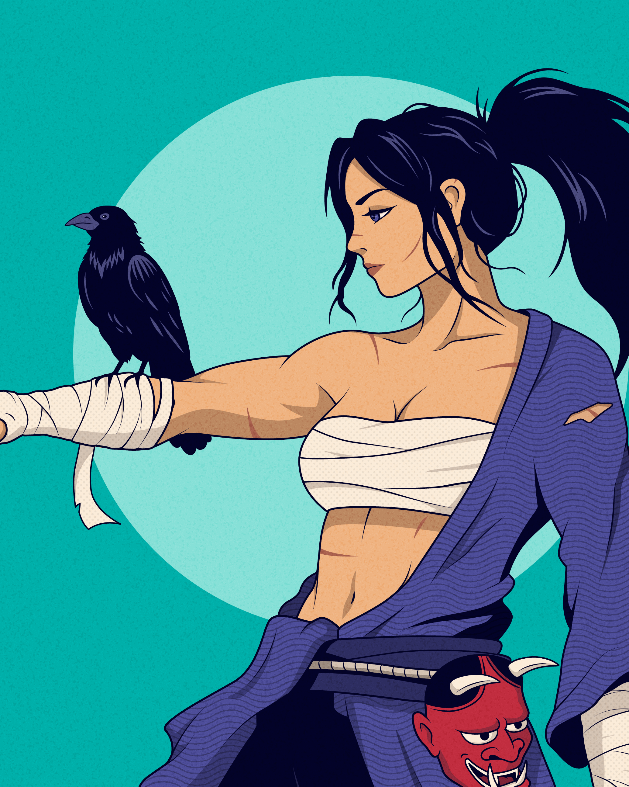 A bandaged warrior holds out her arm for a black raven, with an oni mask hanging at her waist against a teal circular background.
