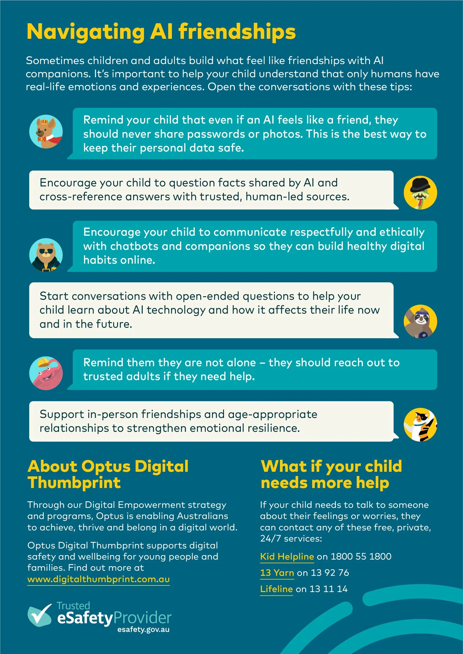 Printable family guide supporting conversations about online safety through engaging illustrations and practical digital literacy activities.