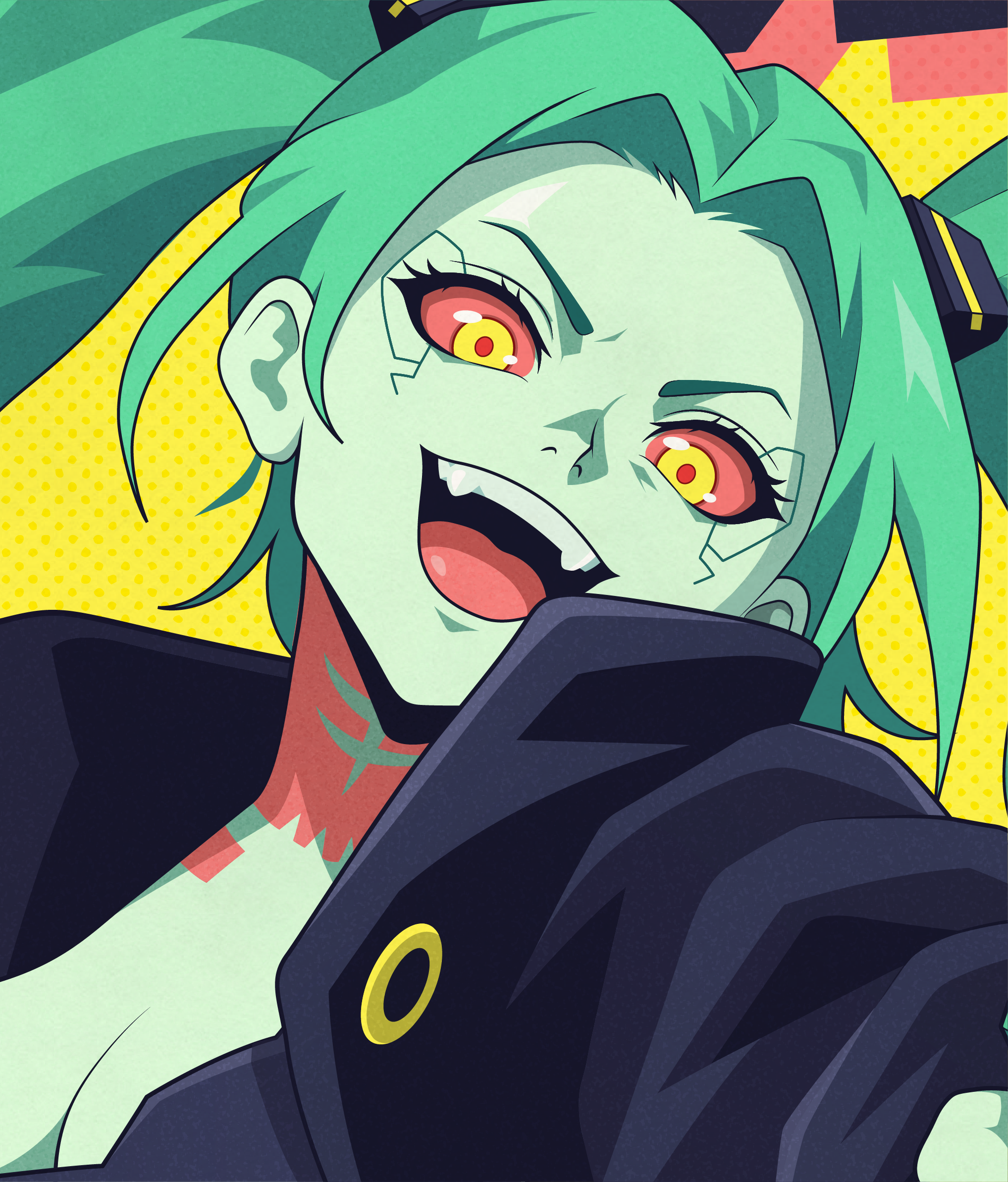 Close-up portrait of Rebecca from Cyberpunk: Edgerunners grinning with bright red eyes, green hair and a dark oversized jacket against a yellow graphic background.