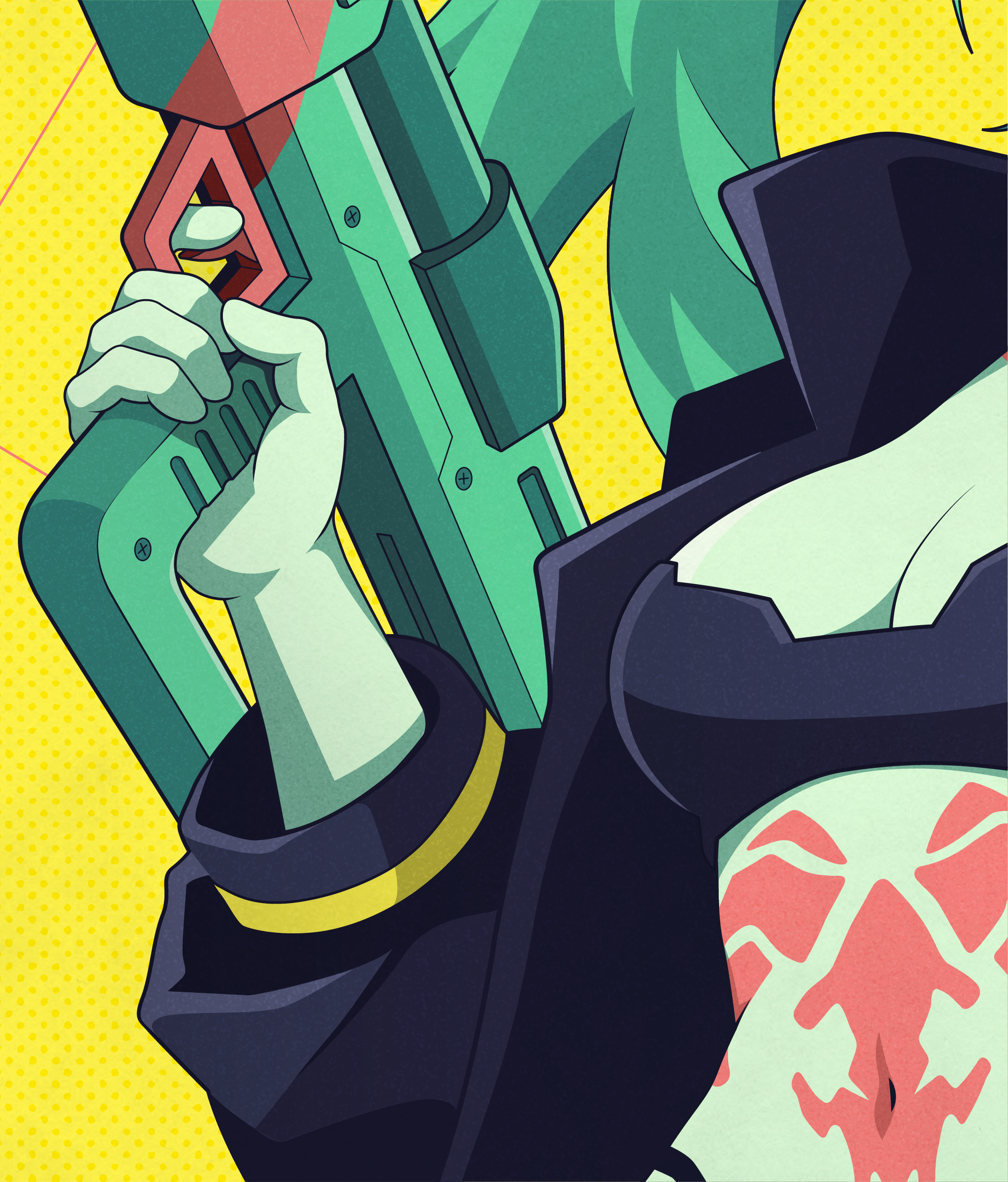 Close-up of Rebecca from Cyberpunk: Edgerunners gripping her large green and pink shotgun, showing the weapon, hand and jacket in detailed cel-shaded vector artwork.