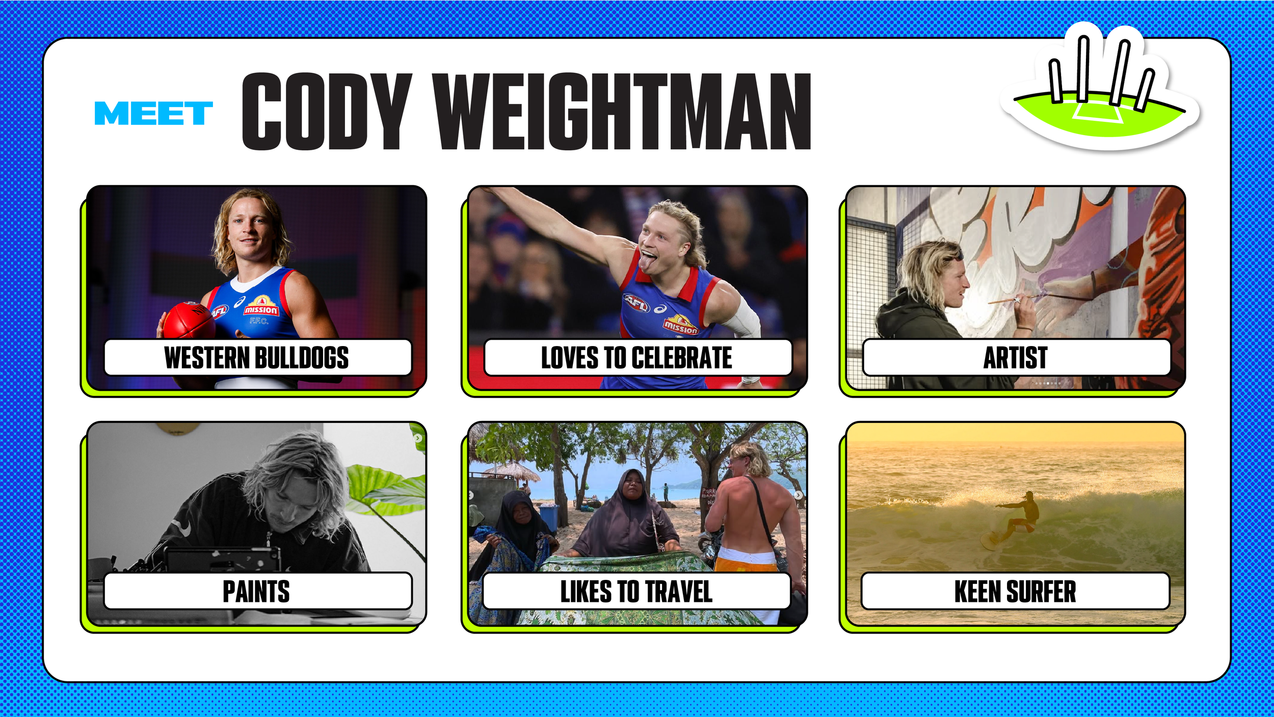 Virtual classroom presentation designs featuring AFL players, illustrated students, interactive activities and bold AFL Play Schools graphics created for live learning sessions with primary school students.
