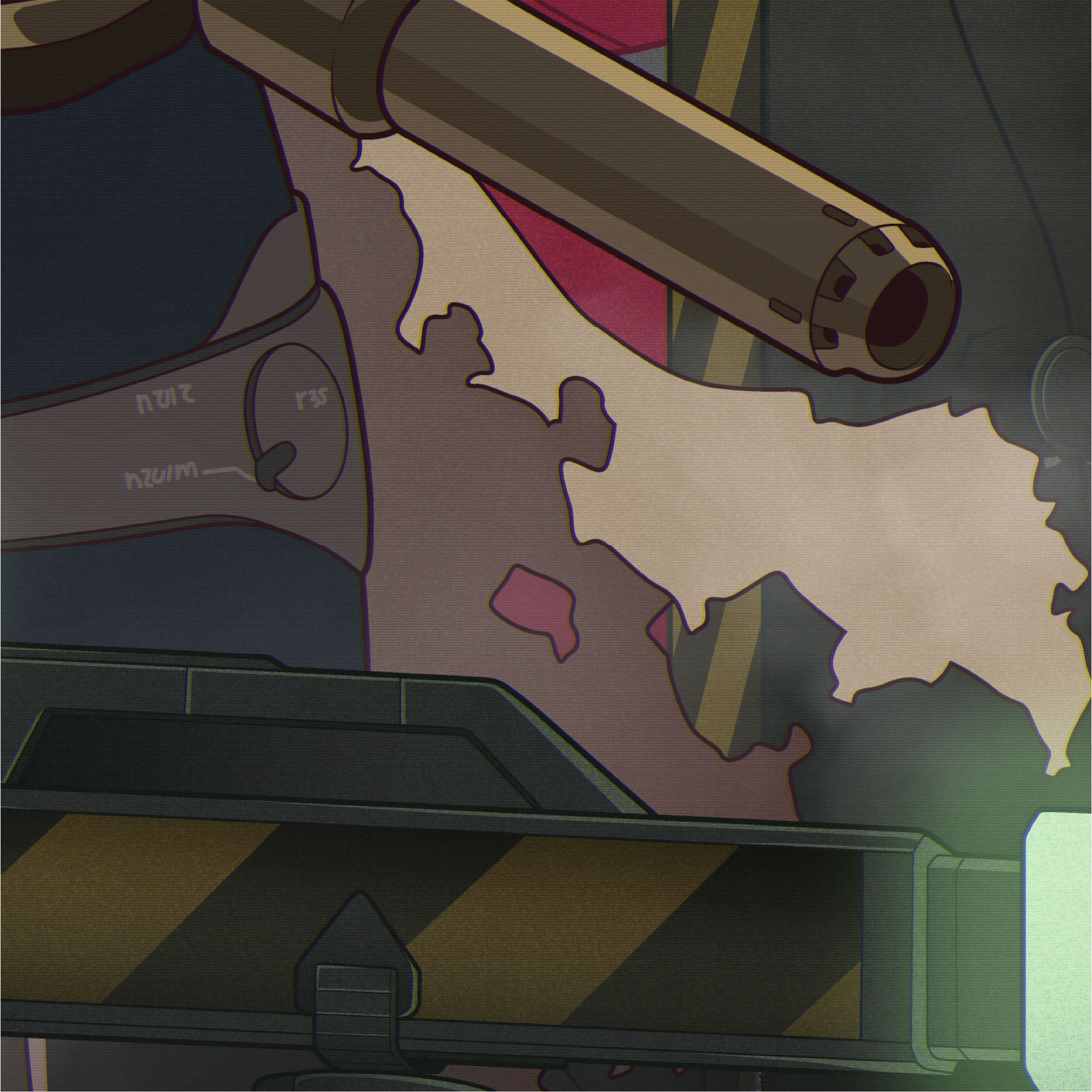 Close-up of Motoko’s rifle crossing her layered tactical clothing and torn pale coat above a glowing green foreground.