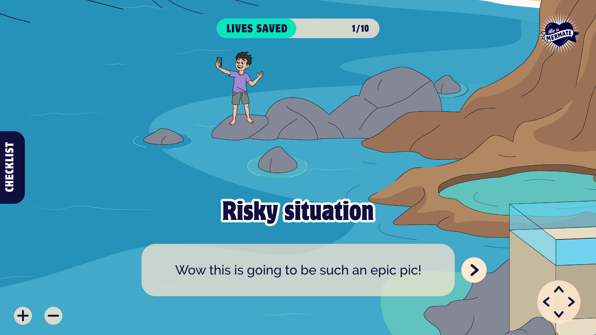 Interactive water safety game combining custom illustration, environmental design and educational storytelling to help students identify hazards through exploration and play.