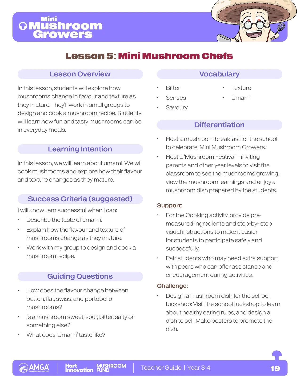 Teacher resources, printable worksheets and classroom activities designed to reinforce key learning outcomes while maintaining a consistent visual identity across the Mini Mushroom Growers program.