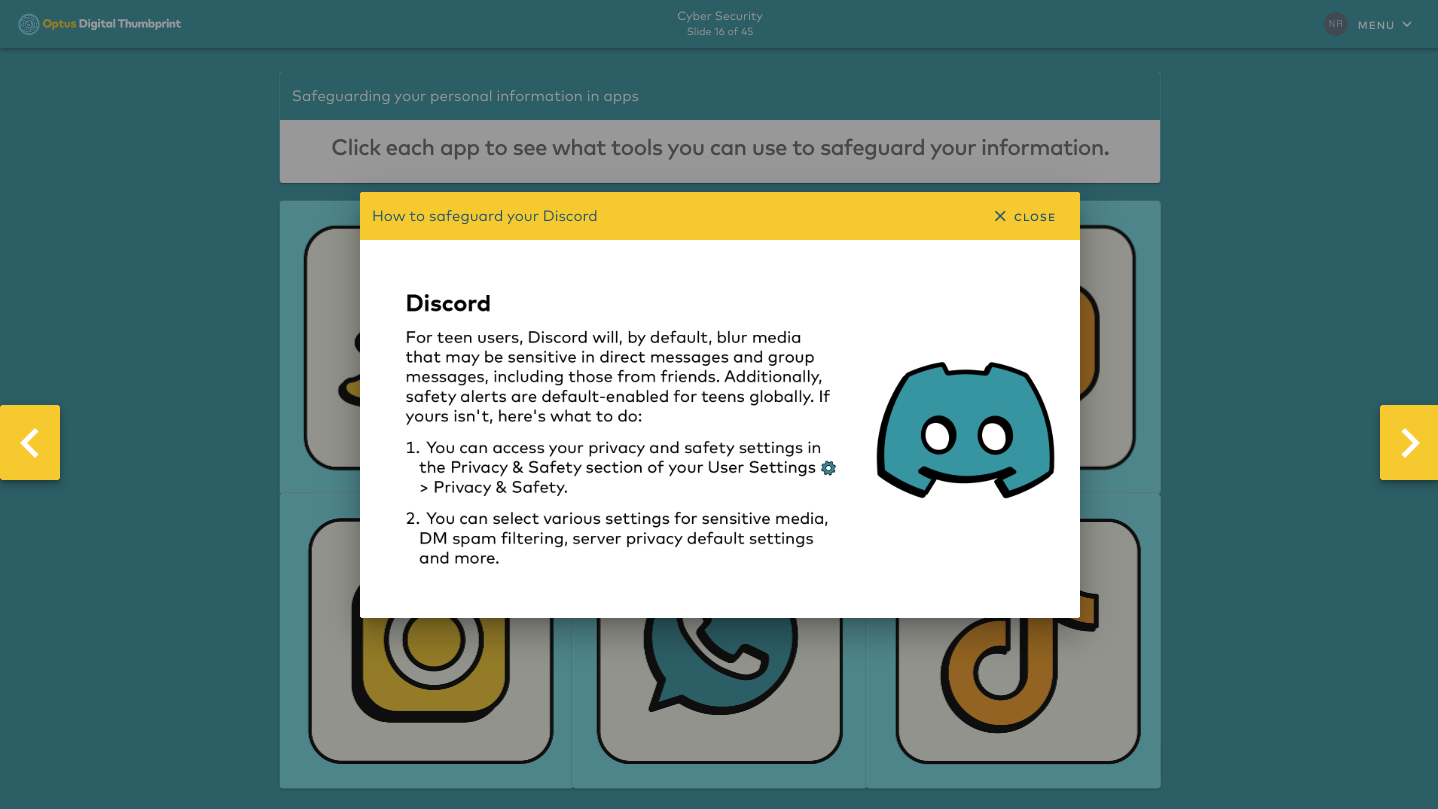 Self-paced digital learning module helping students explore online safety through interactive educational content and custom visual design.