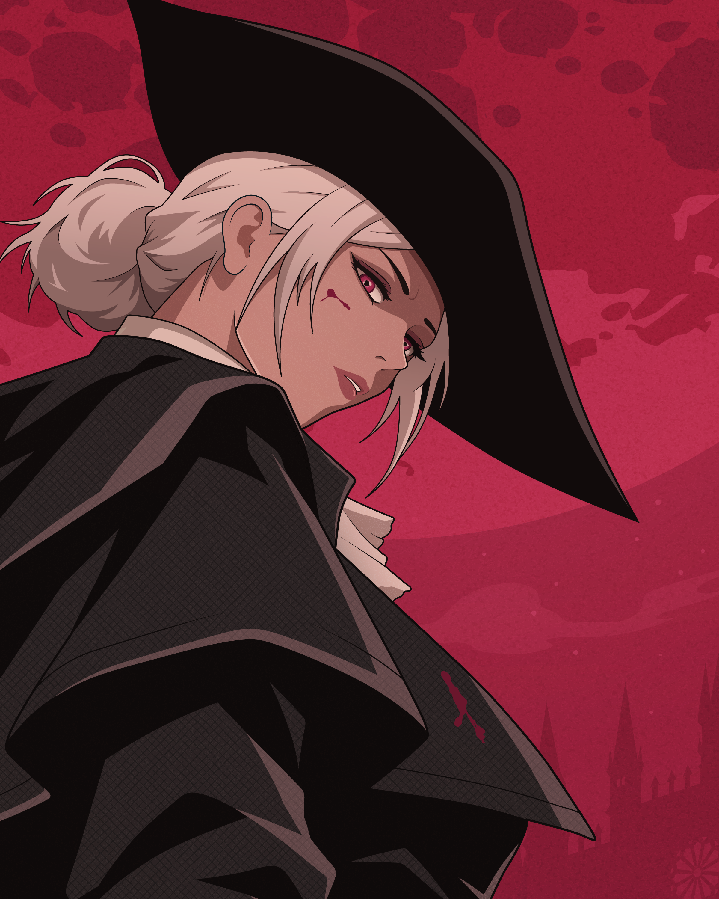 Close-up of Lady Maria from Bloodborne looking down toward the viewer beneath a large black witch hat. Her pale hair is tied back, with loose strands framing her face against a textured crimson sky and distant gothic architecture.
