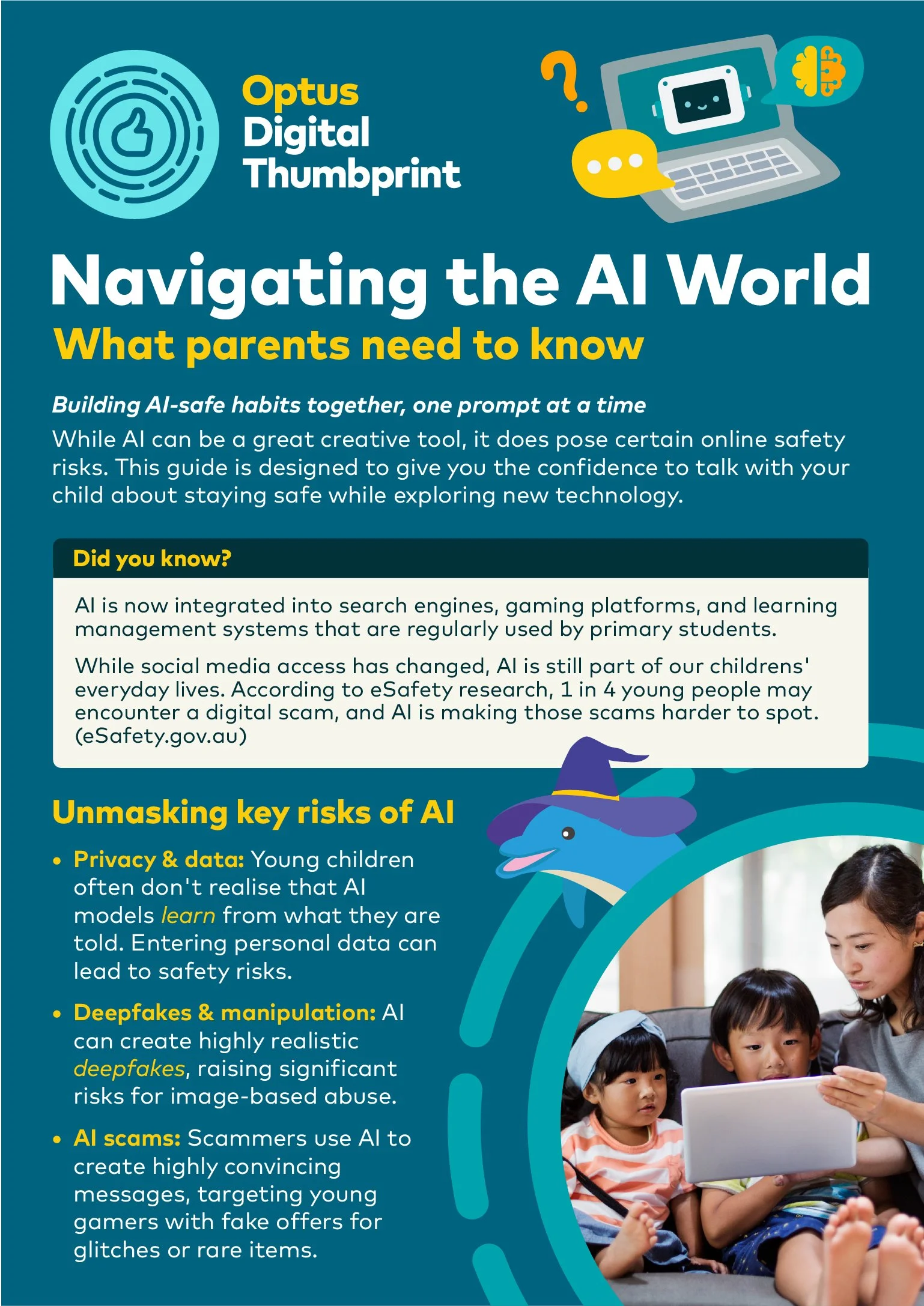 Printable family guide supporting conversations about online safety through engaging illustrations and practical digital literacy activities.