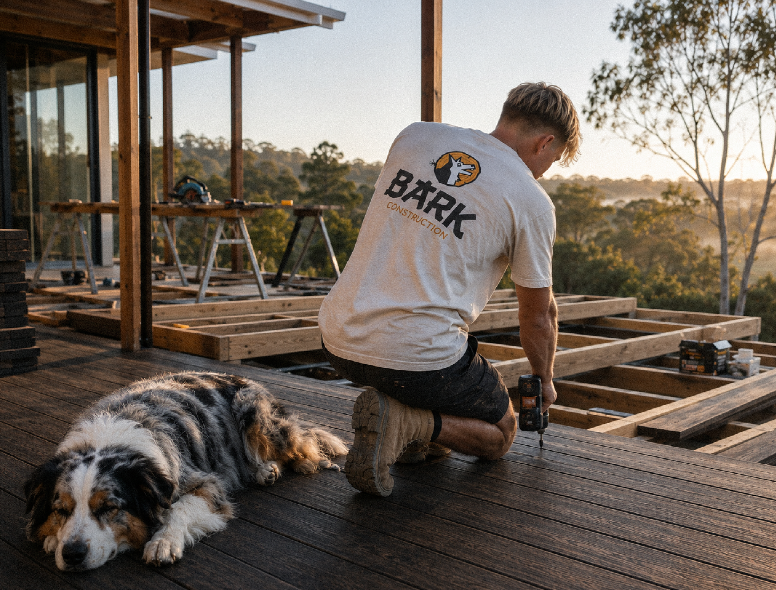 Custom branded apparel created for Bark Construction, applying the visual identity across workwear that reflects the company's rugged personality while reinforcing a professional on-site presence.