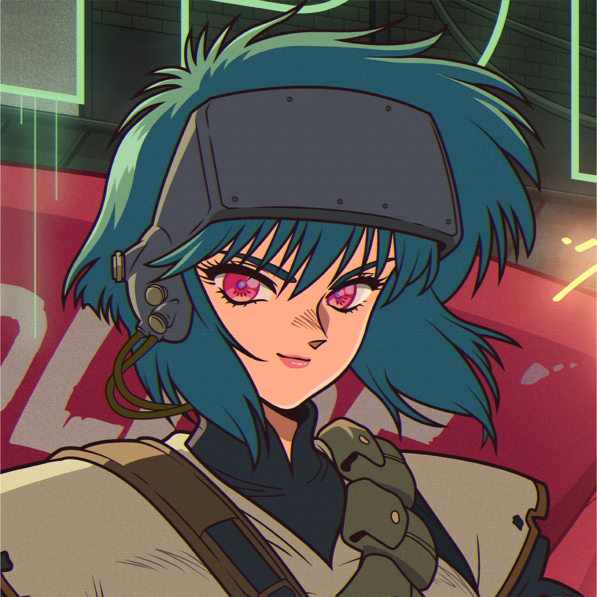 Close-up of Motoko’s face, short teal hair and tactical headgear illuminated by green and red neon light.
