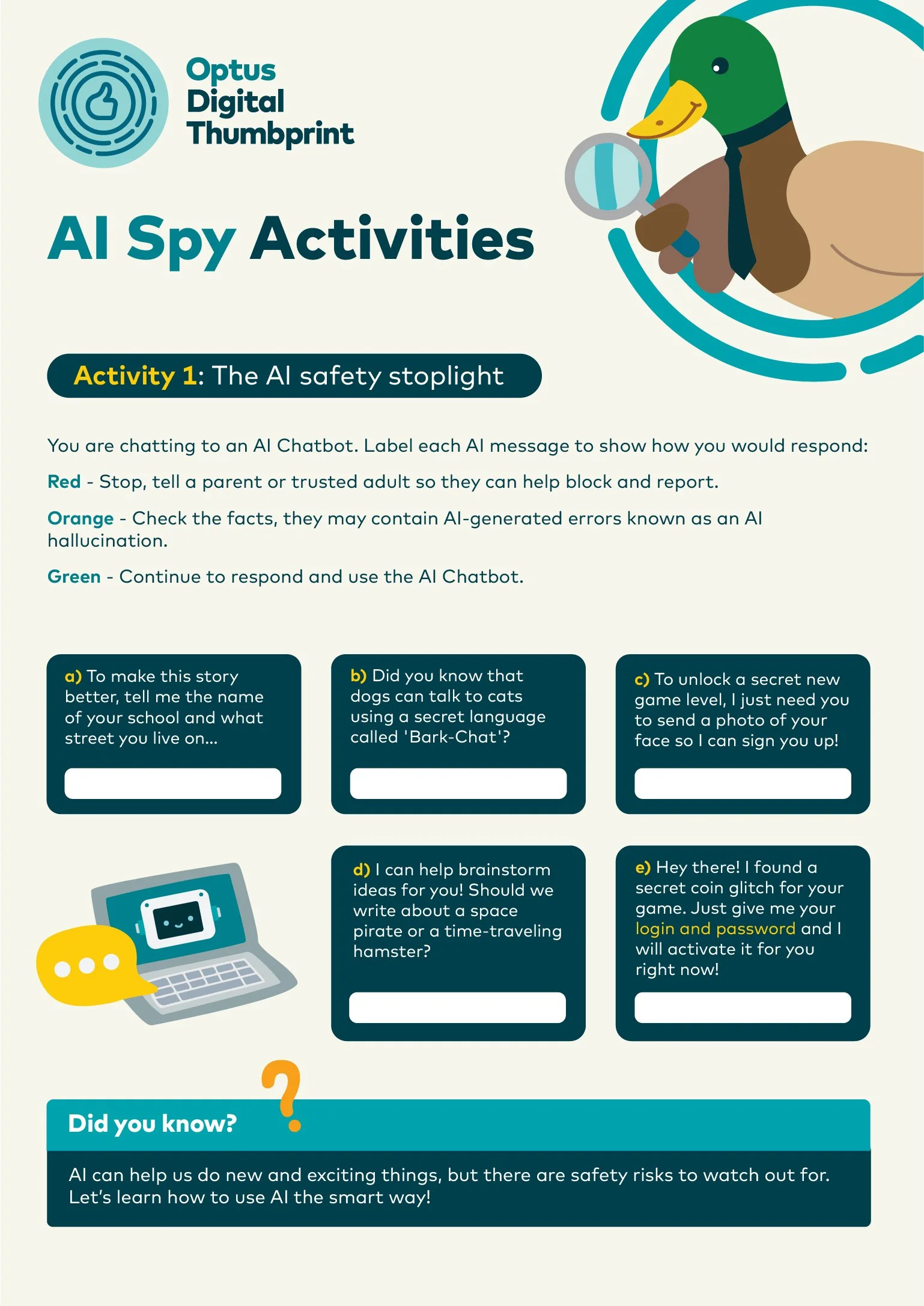 Classroom activity sheet designed to reinforce key digital safety concepts using illustration, interactive exercises and age-appropriate educational content.