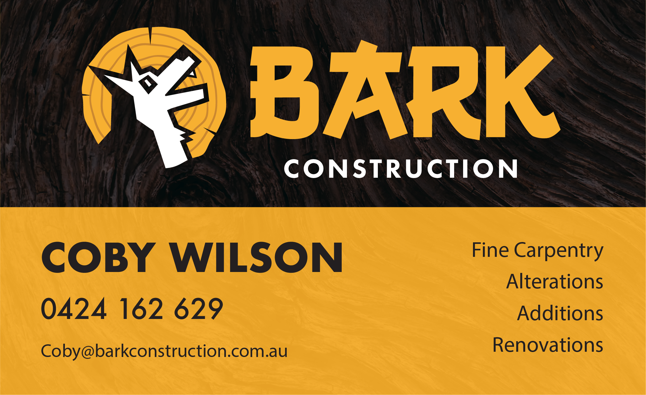 Business stationery and site signage designed to extend the Bark Construction brand across everyday client touchpoints, creating a consistent and recognisable visual identity.