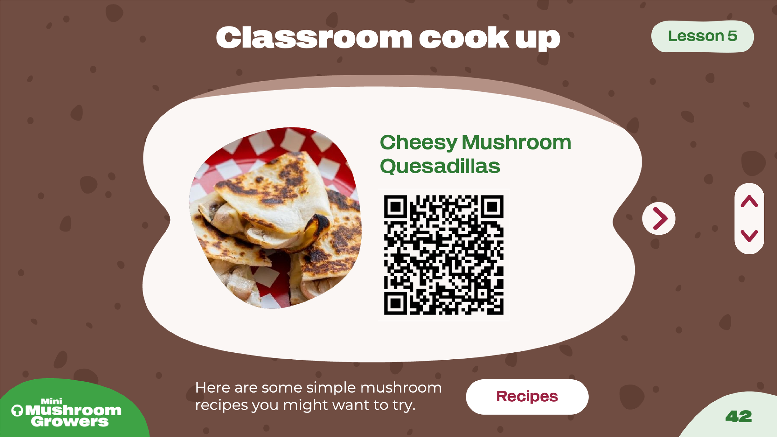 Interactive classroom presentation designs combining custom illustration, educational activities and engaging layouts to introduce students to mushroom growing and healthy food education.