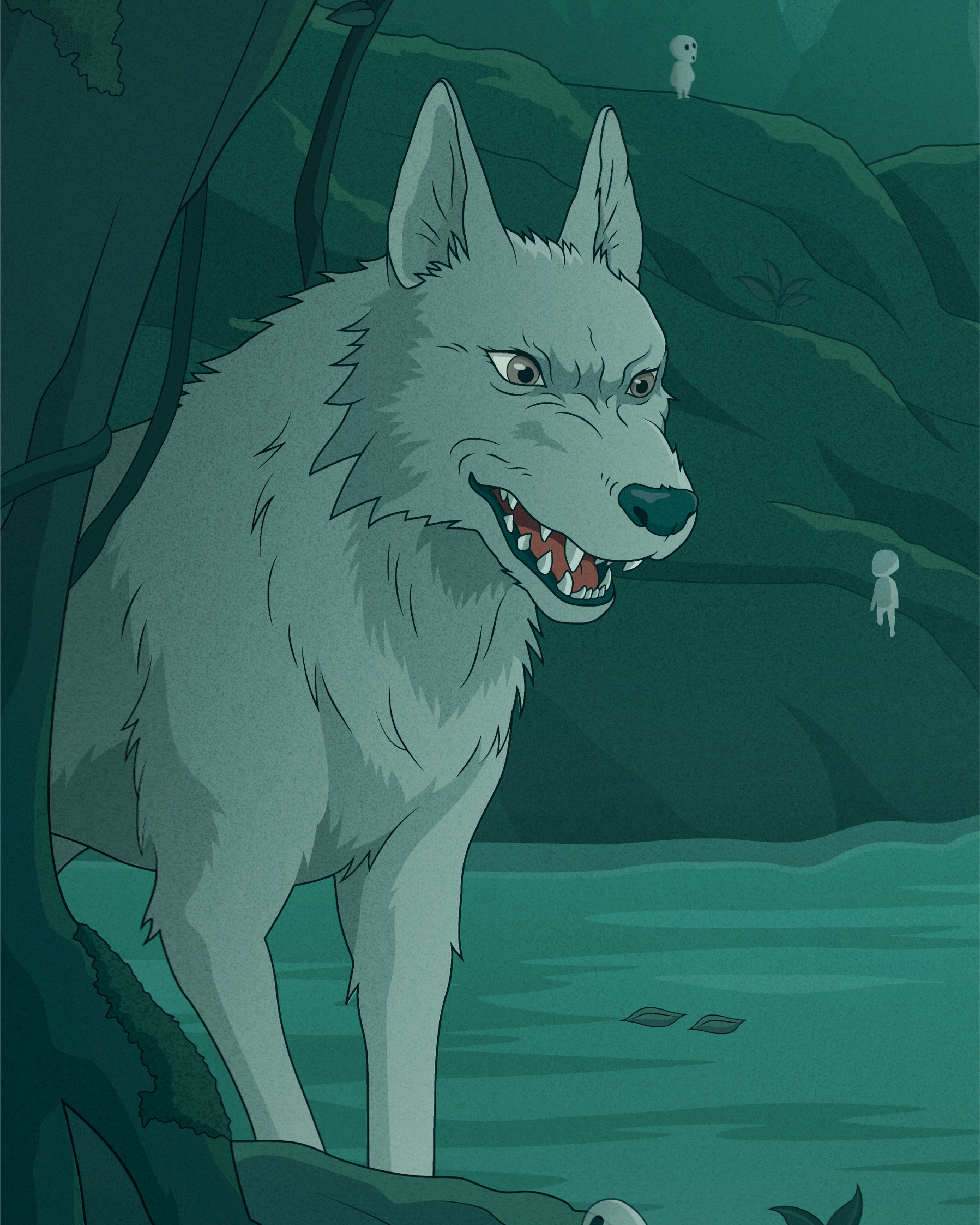 Close-up of the wolf Moro standing beside the forest stream, with kodama visible in the background.