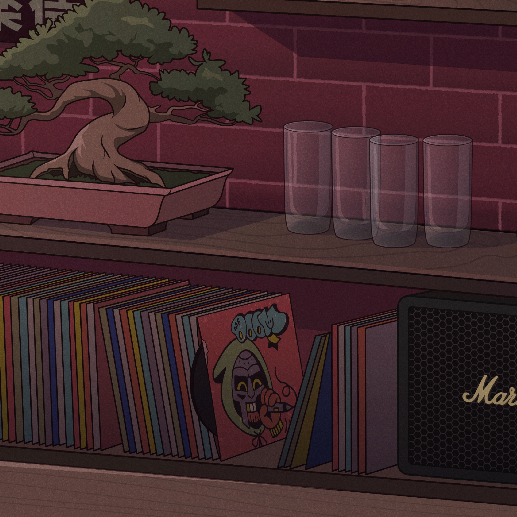 Close-up of a bonsai tree, drinking glasses, vinyl records and a speaker arranged on the shelves of the intimate listening bar.