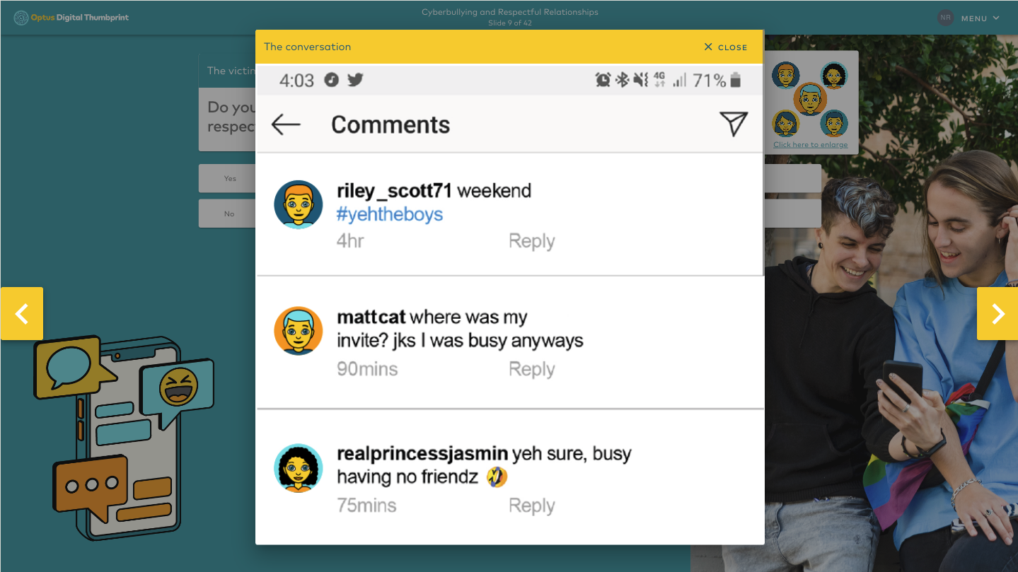 Self-paced digital learning module helping students explore online safety through interactive educational content and custom visual design.