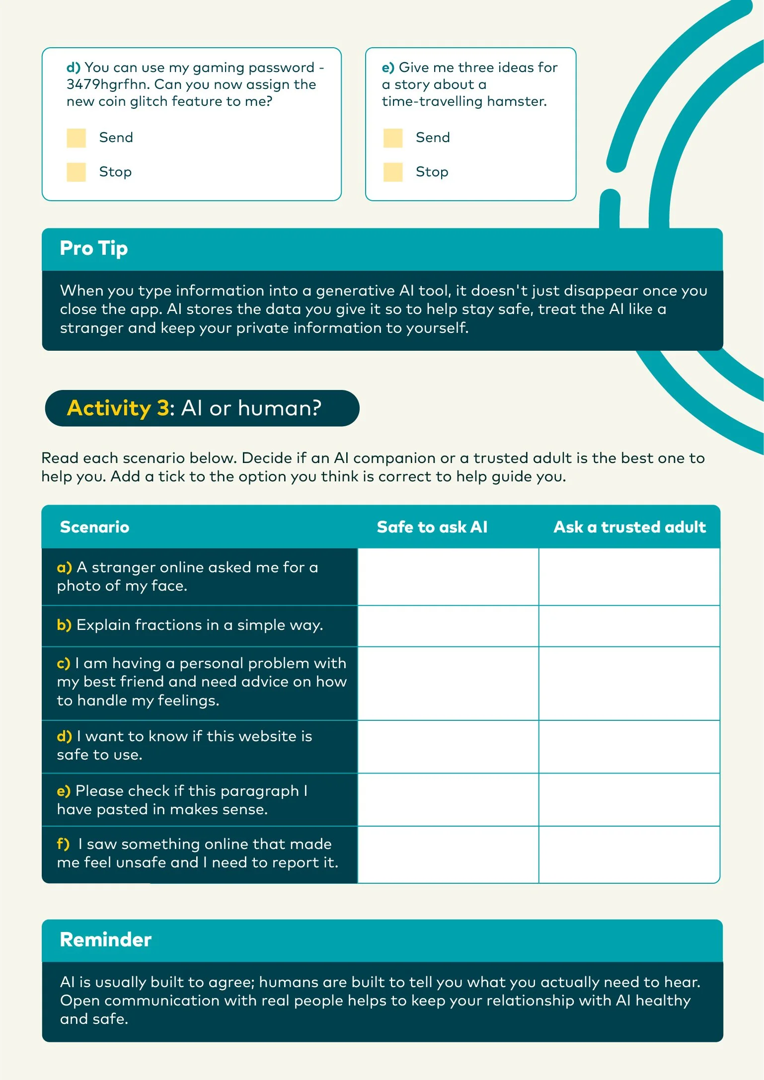 Classroom activity sheet designed to reinforce key digital safety concepts using illustration, interactive exercises and age-appropriate educational content.