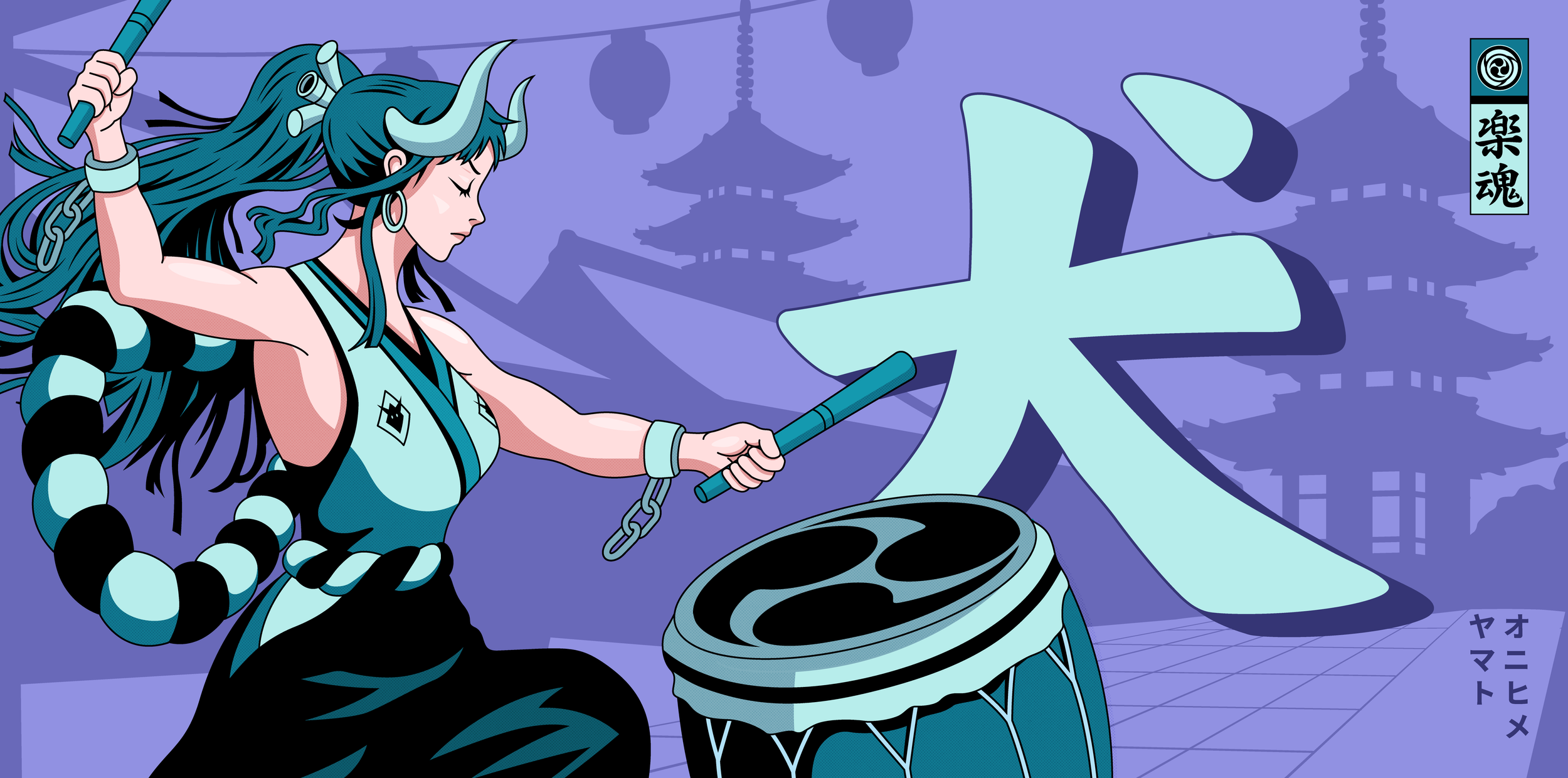 A teal-haired oni musician raises two drumsticks above a taiko drum against a lavender cityscape and large Japanese lettering.