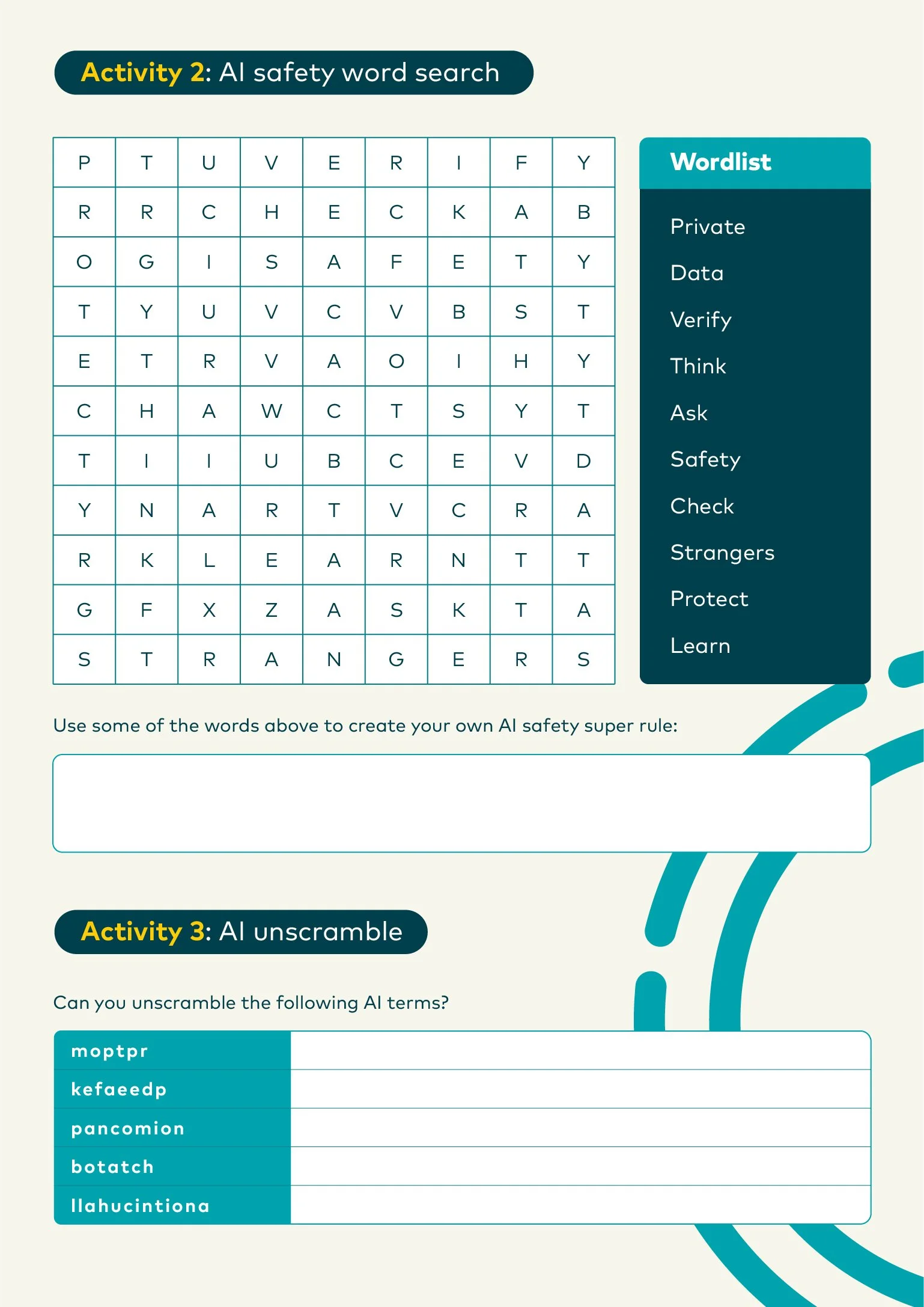 Classroom activity sheet designed to reinforce key digital safety concepts using illustration, interactive exercises and age-appropriate educational content.