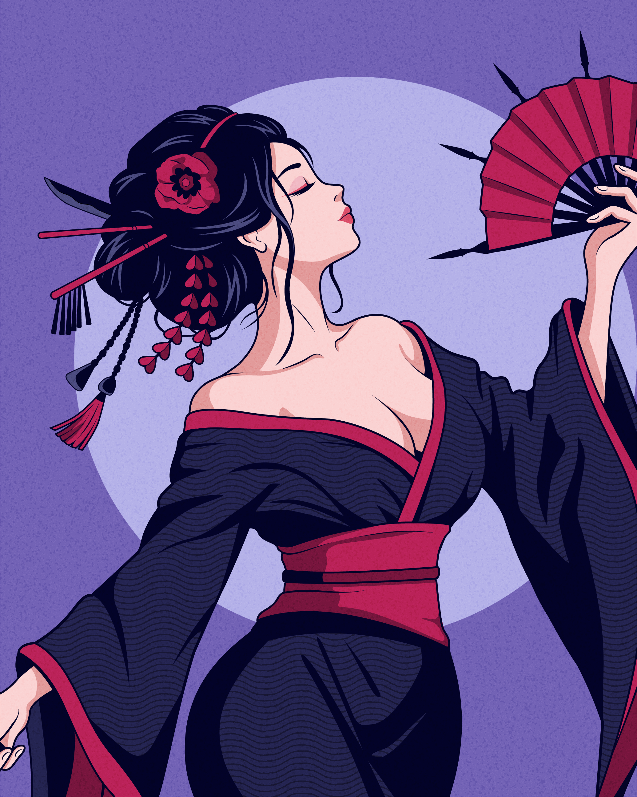 A geisha assassin in a black kimono and red obi raises a folding fan against a lavender circular background.