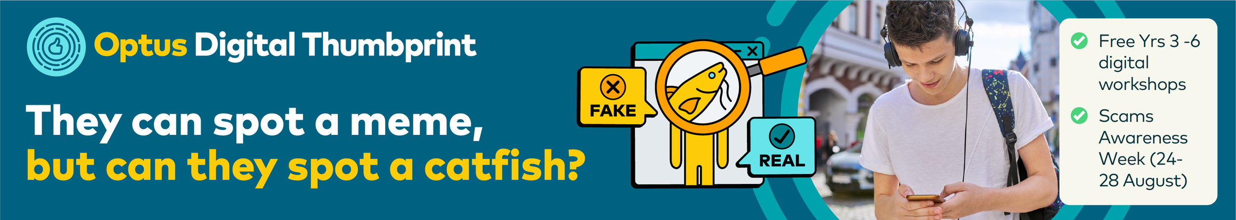 Promotional campaign artwork developed to support the Optus Digital Thumbprint program across schools, community events and digital communication channels.