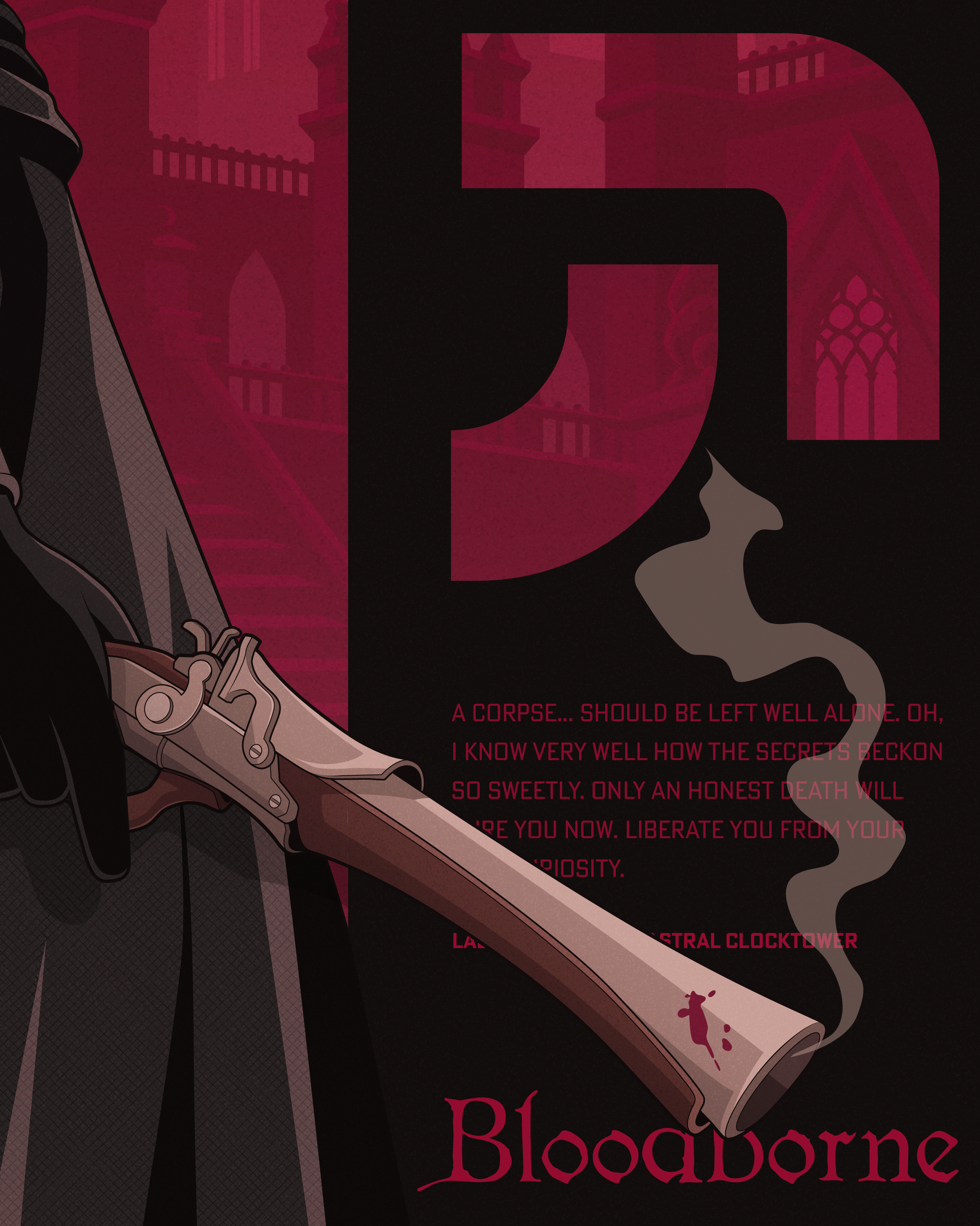 Close-up of an ornate break-action firearm held by Lady Maria in a Bloodborne-inspired illustration. The weapon uses warm cream, taupe and dark reddish-brown tones with graphic cel-shaded mechanical details, while pale smoke curls from the barrel.