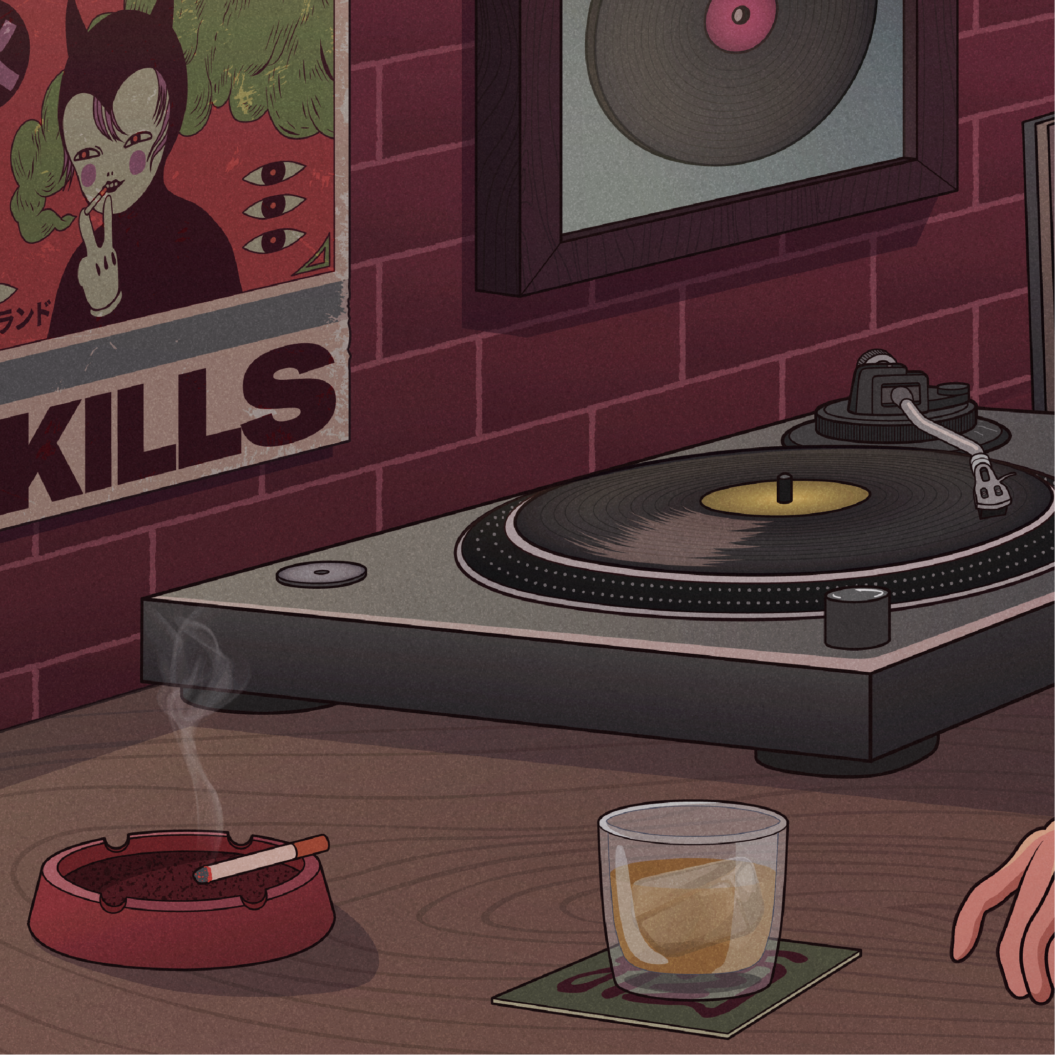 Close-up of a record playing on a turntable beside a glass of whisky, an ashtray and music posters on the tiled wall.