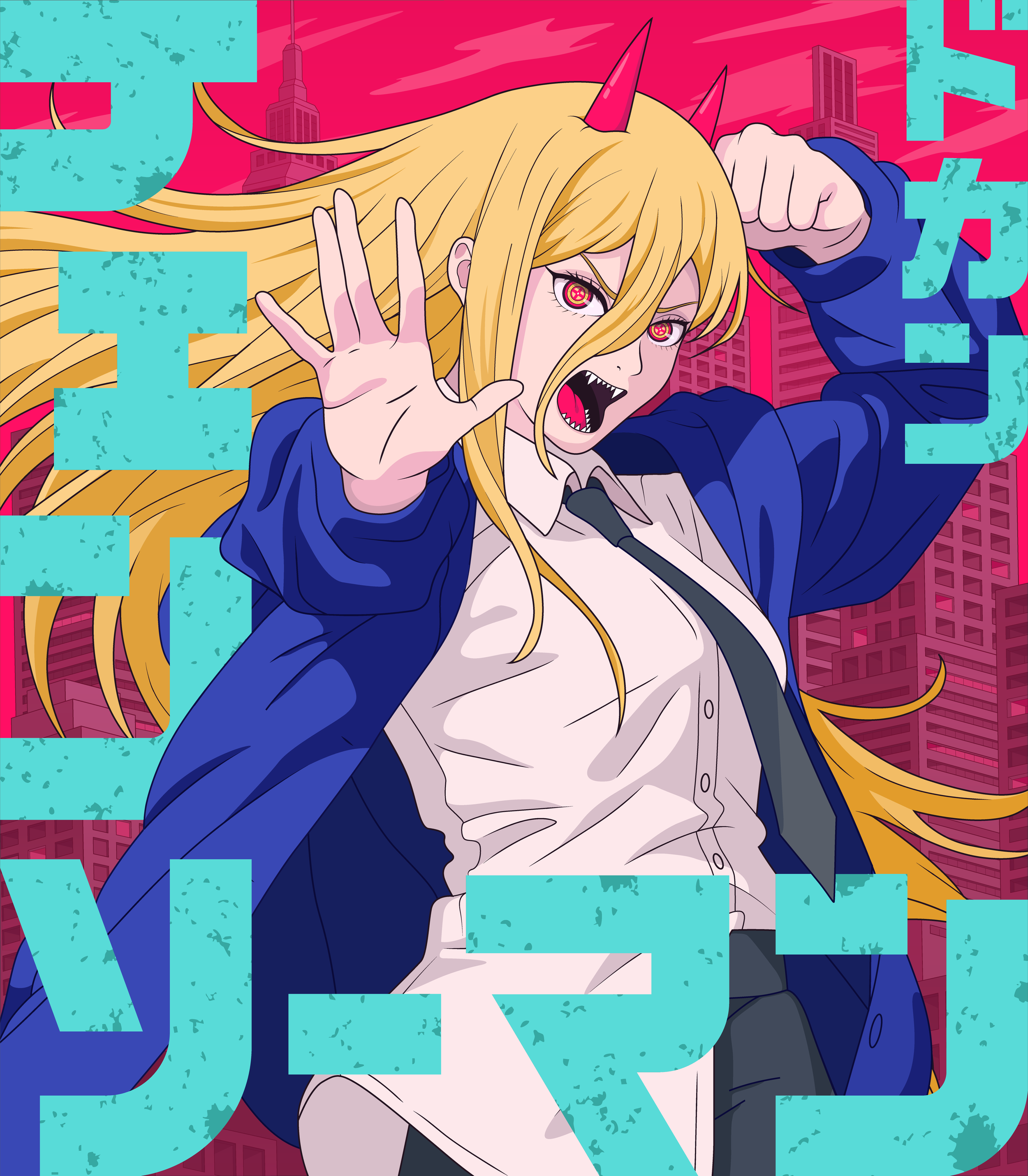 Power leans forward energetically with one hand raised, wearing a blue jacket against a vivid pink and yellow city backdrop.