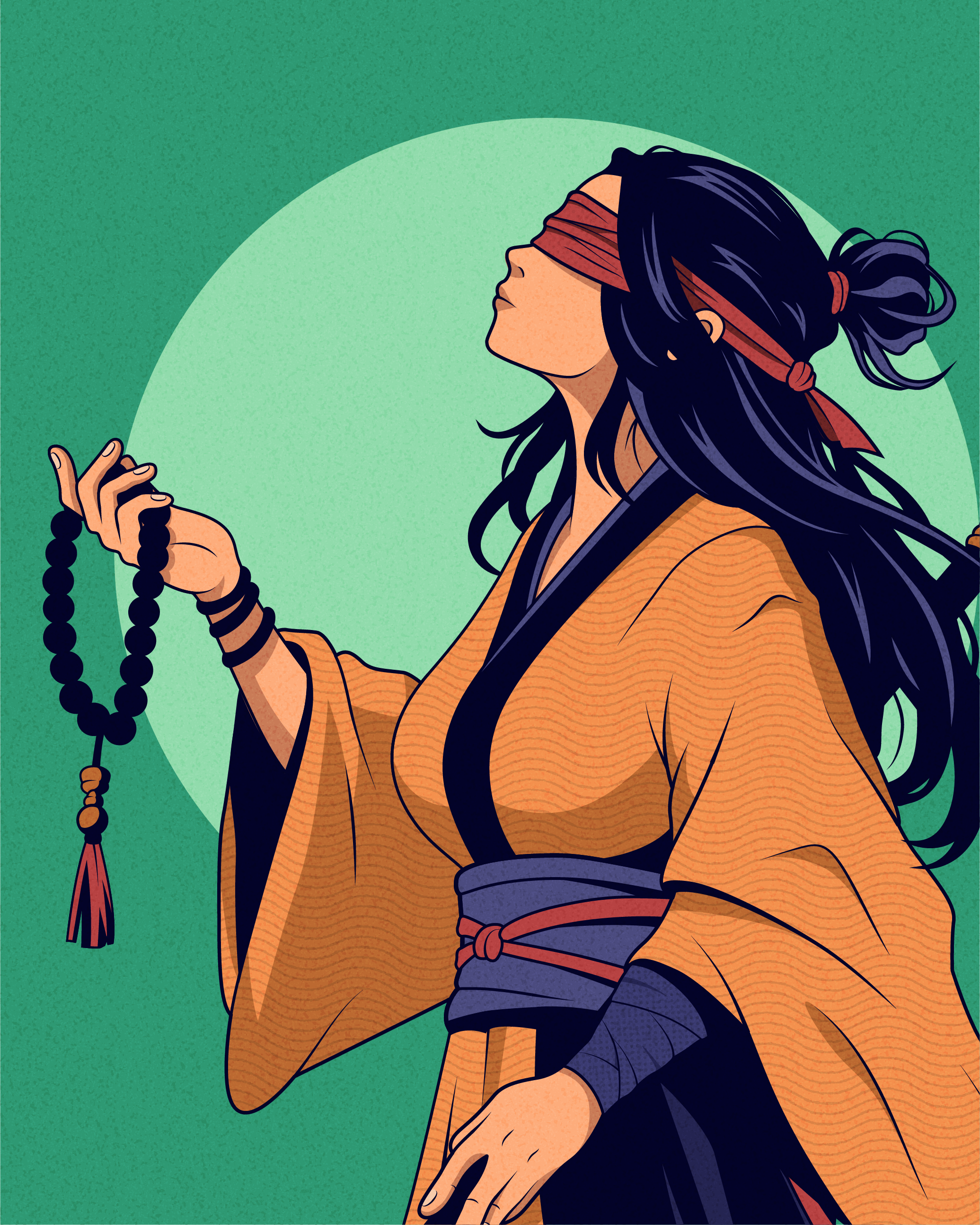 A blindfolded former warrior in orange robes holds prayer beads against a green circular background, her face turned towards the sky.